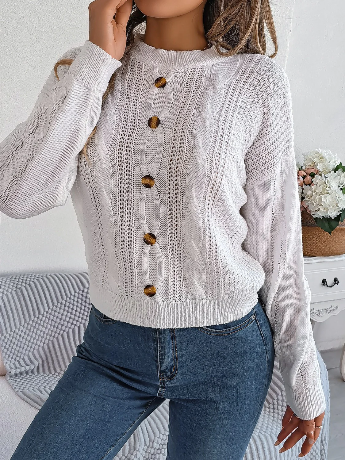 Cable-Knit Buttoned Round Neck Sweater - Image 6