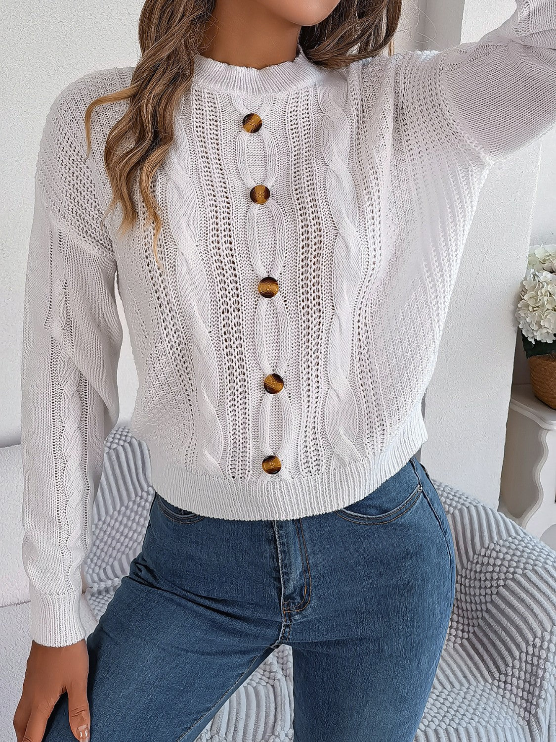 Cable-Knit Buttoned Round Neck Sweater - Image 7