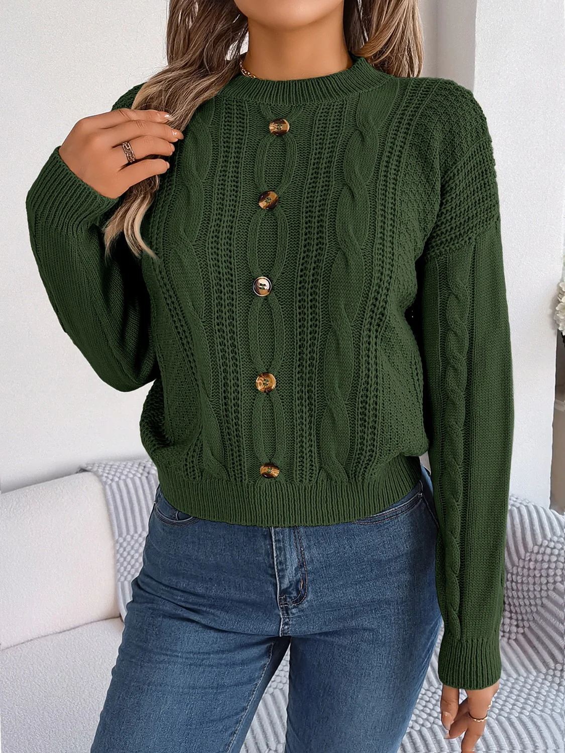 Cable-Knit Buttoned Round Neck Sweater - Image 9