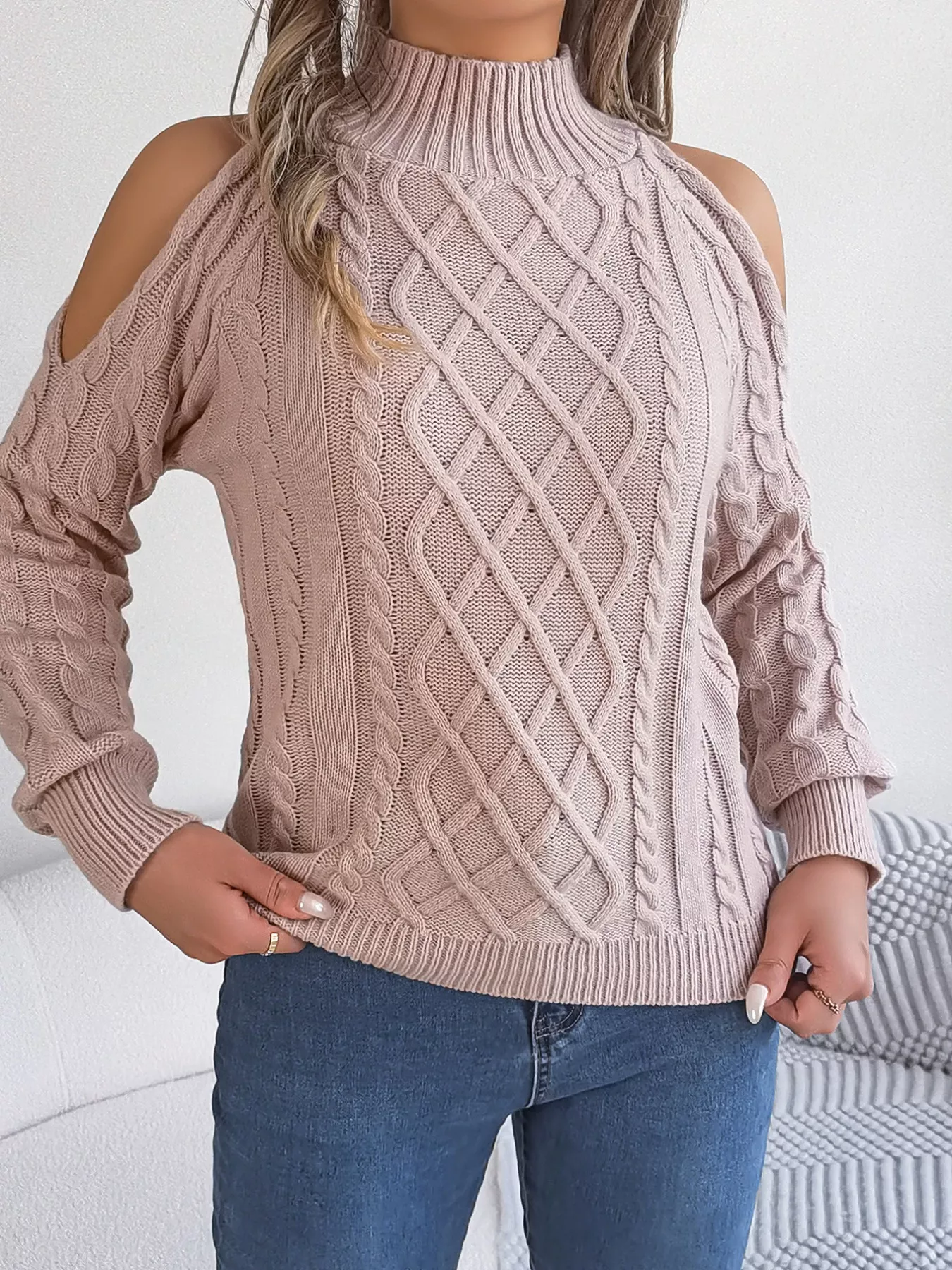 Cable Knit Cold Shoulder Turtleneck Sweater - Image 12