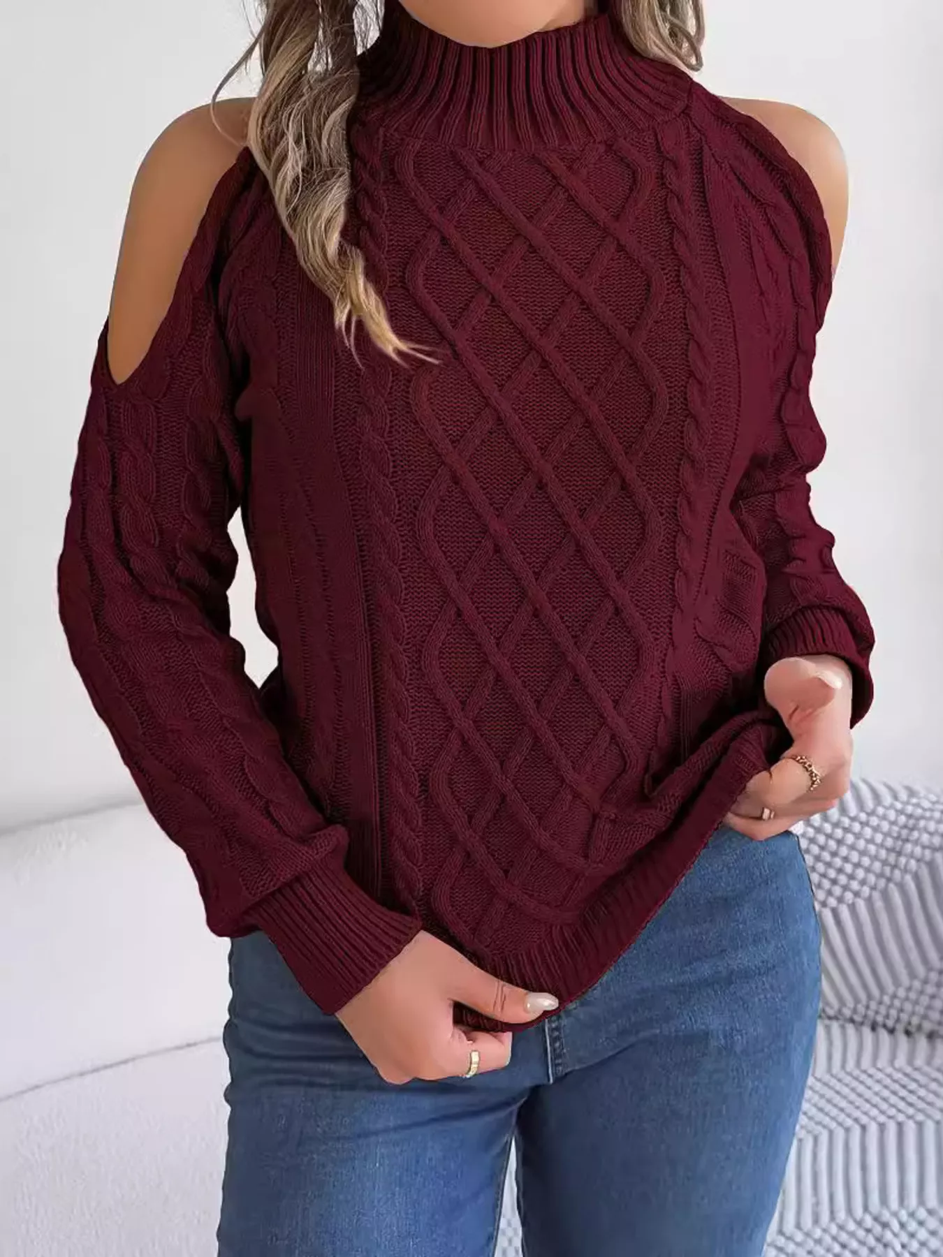Cable Knit Cold Shoulder Turtleneck Sweater - Image 13