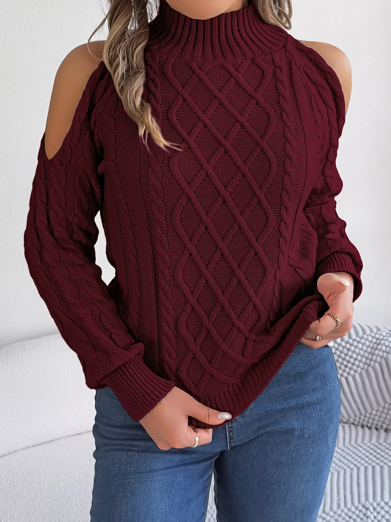 Cable Knit Cold Shoulder Turtleneck Sweater - Image 14