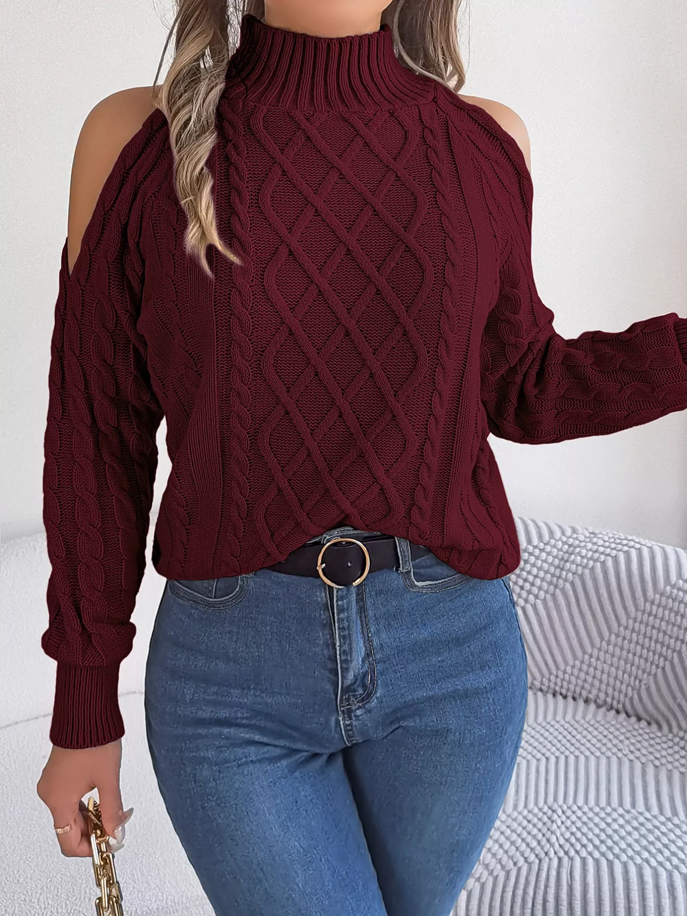 Cable Knit Cold Shoulder Turtleneck Sweater - Image 15