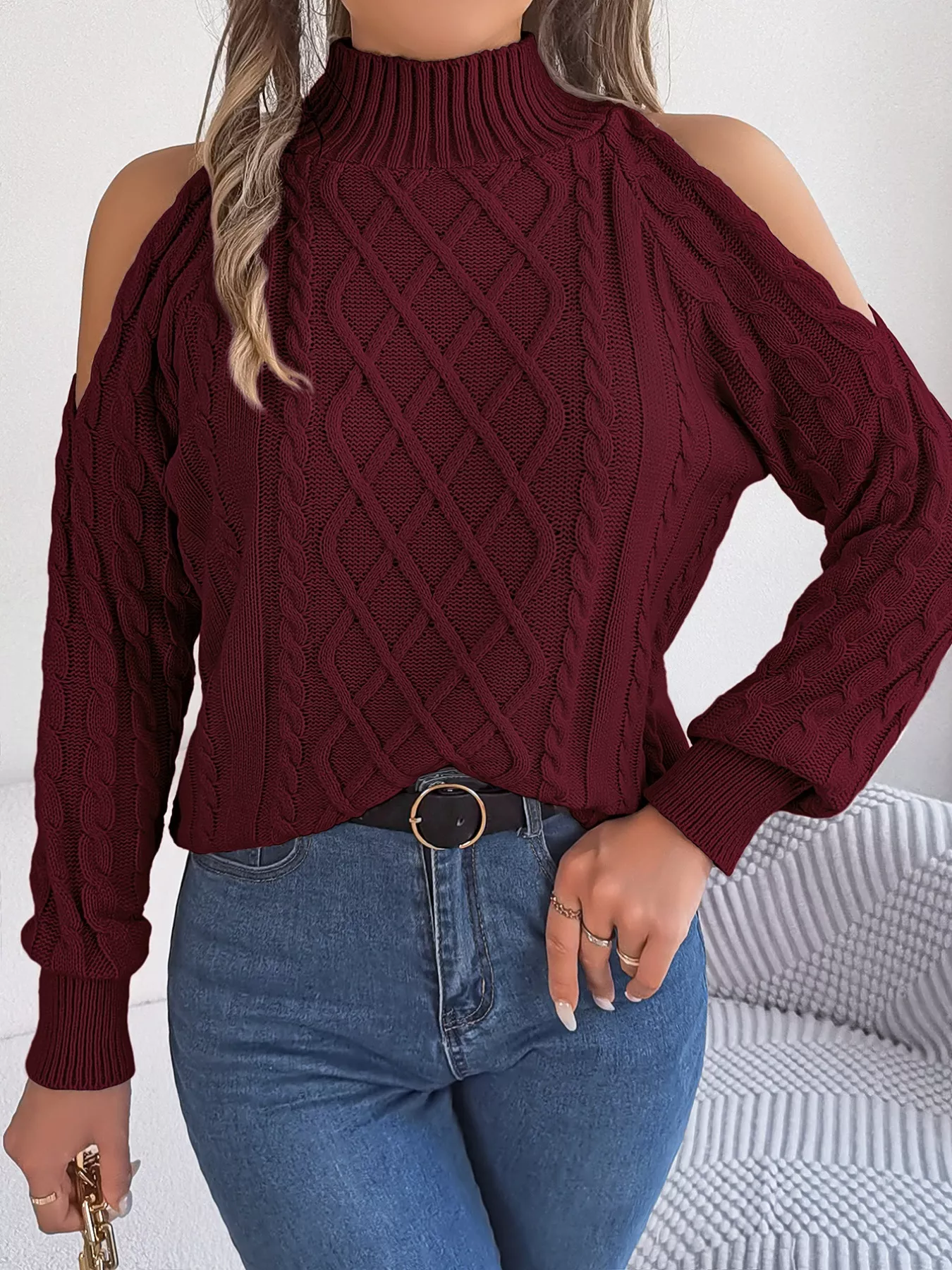 Cable Knit Cold Shoulder Turtleneck Sweater - Image 16