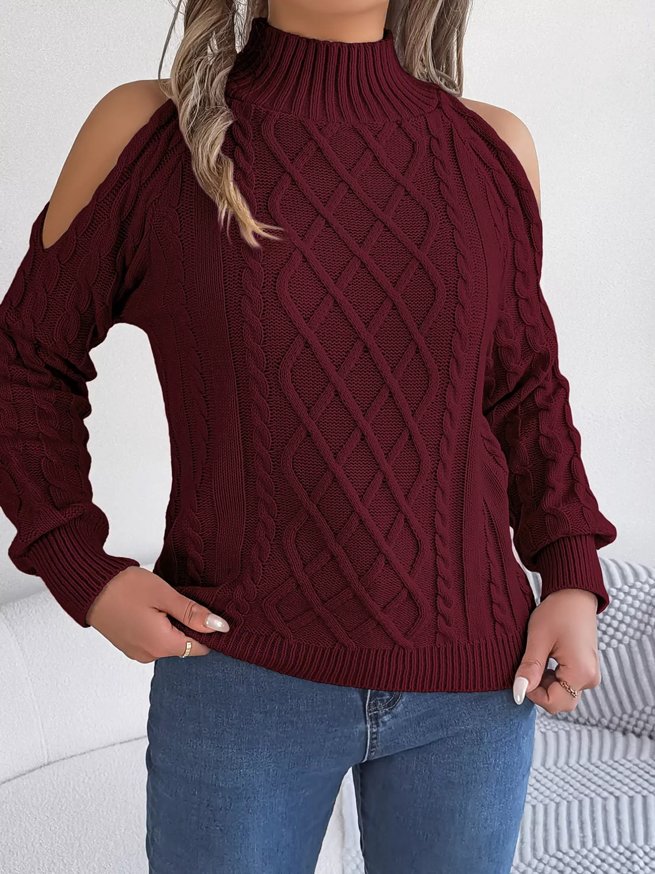Cable Knit Cold Shoulder Turtleneck Sweater - Image 17