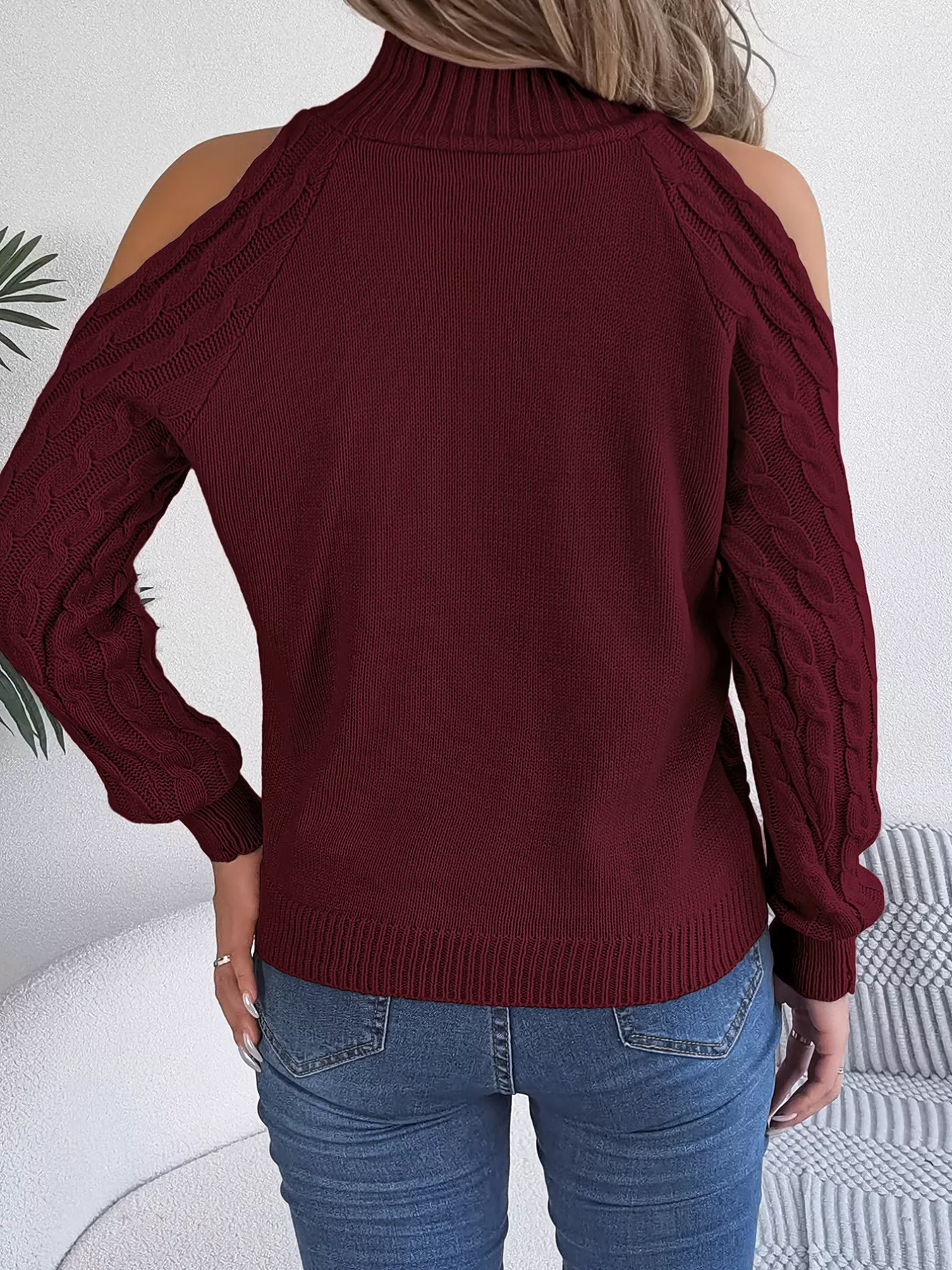 Cable Knit Cold Shoulder Turtleneck Sweater - Image 18