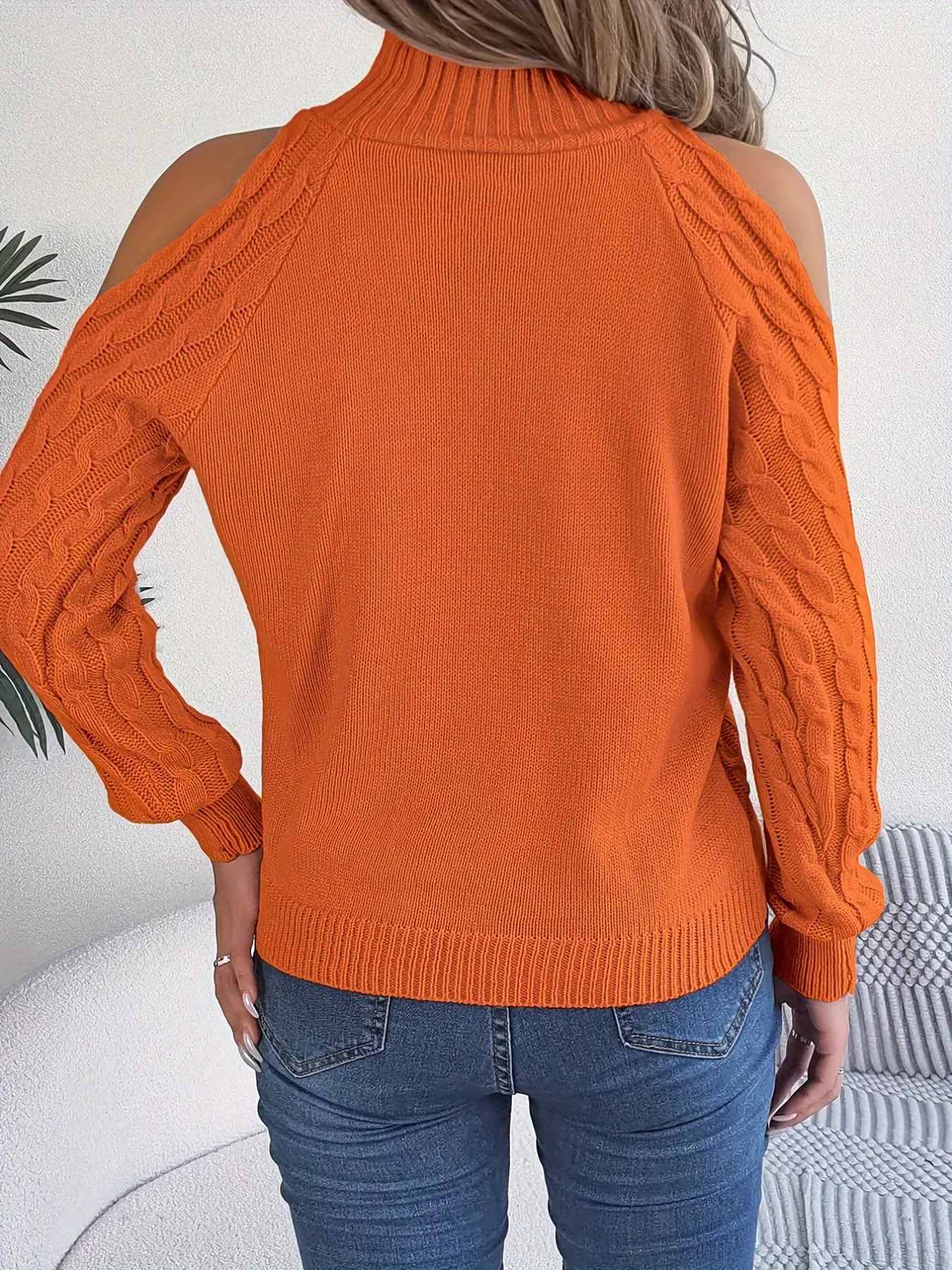 Cable Knit Cold Shoulder Turtleneck Sweater - Image 2