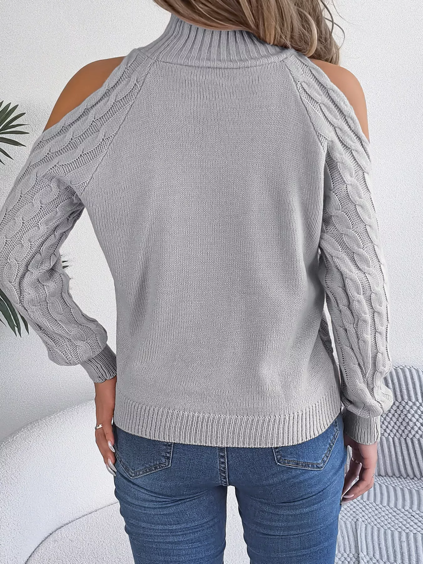 Cable Knit Cold Shoulder Turtleneck Sweater - Image 21