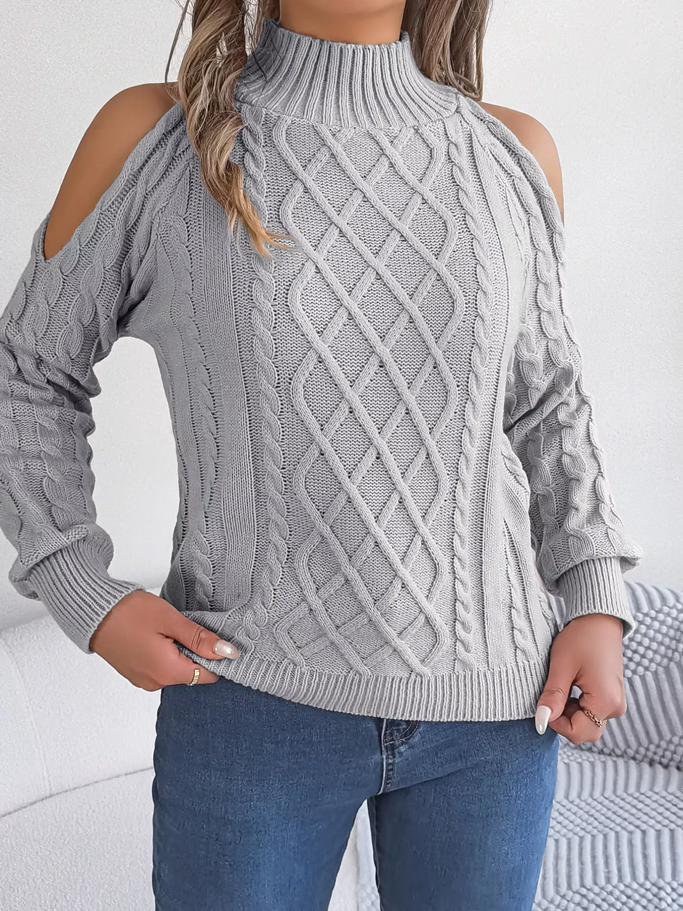 Cable Knit Cold Shoulder Turtleneck Sweater - Image 23
