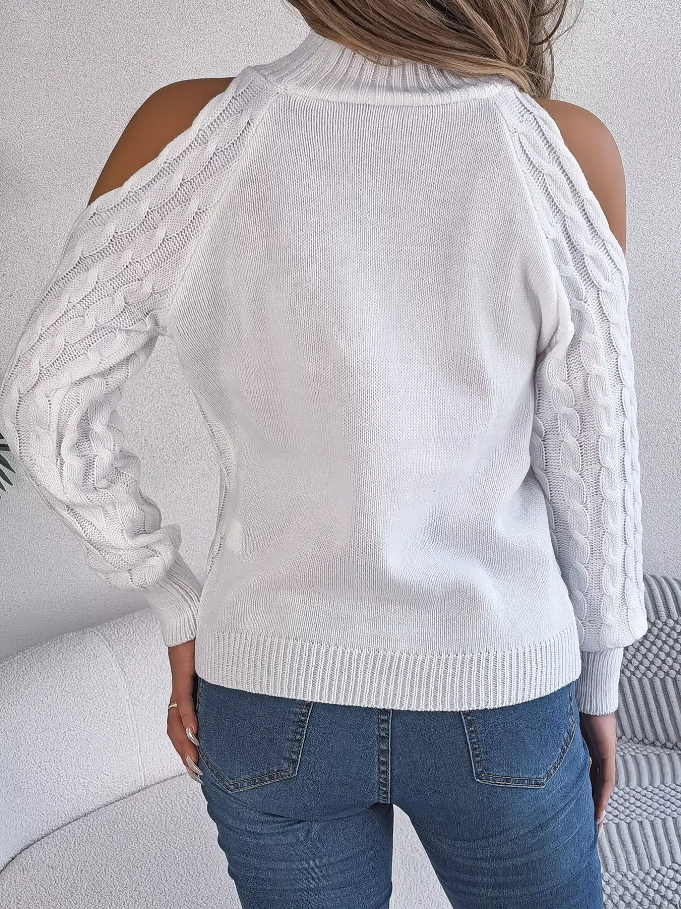 Cable Knit Cold Shoulder Turtleneck Sweater - Image 27