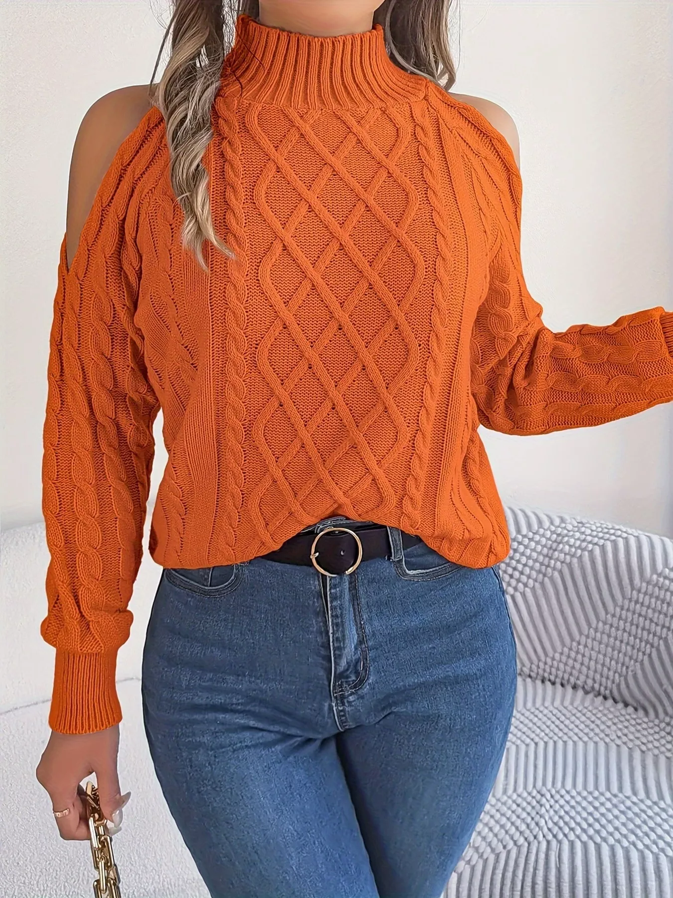 Cable Knit Cold Shoulder Turtleneck Sweater - Image 3