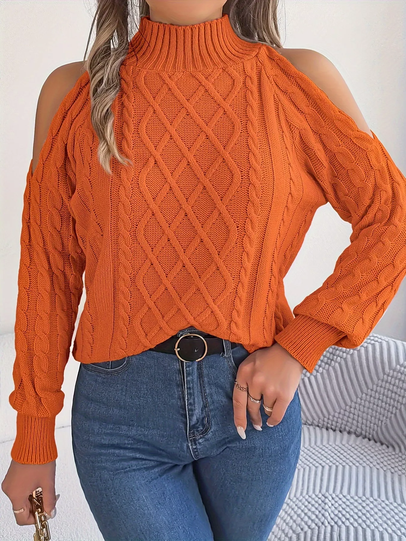 Cable Knit Cold Shoulder Turtleneck Sweater - Image 4