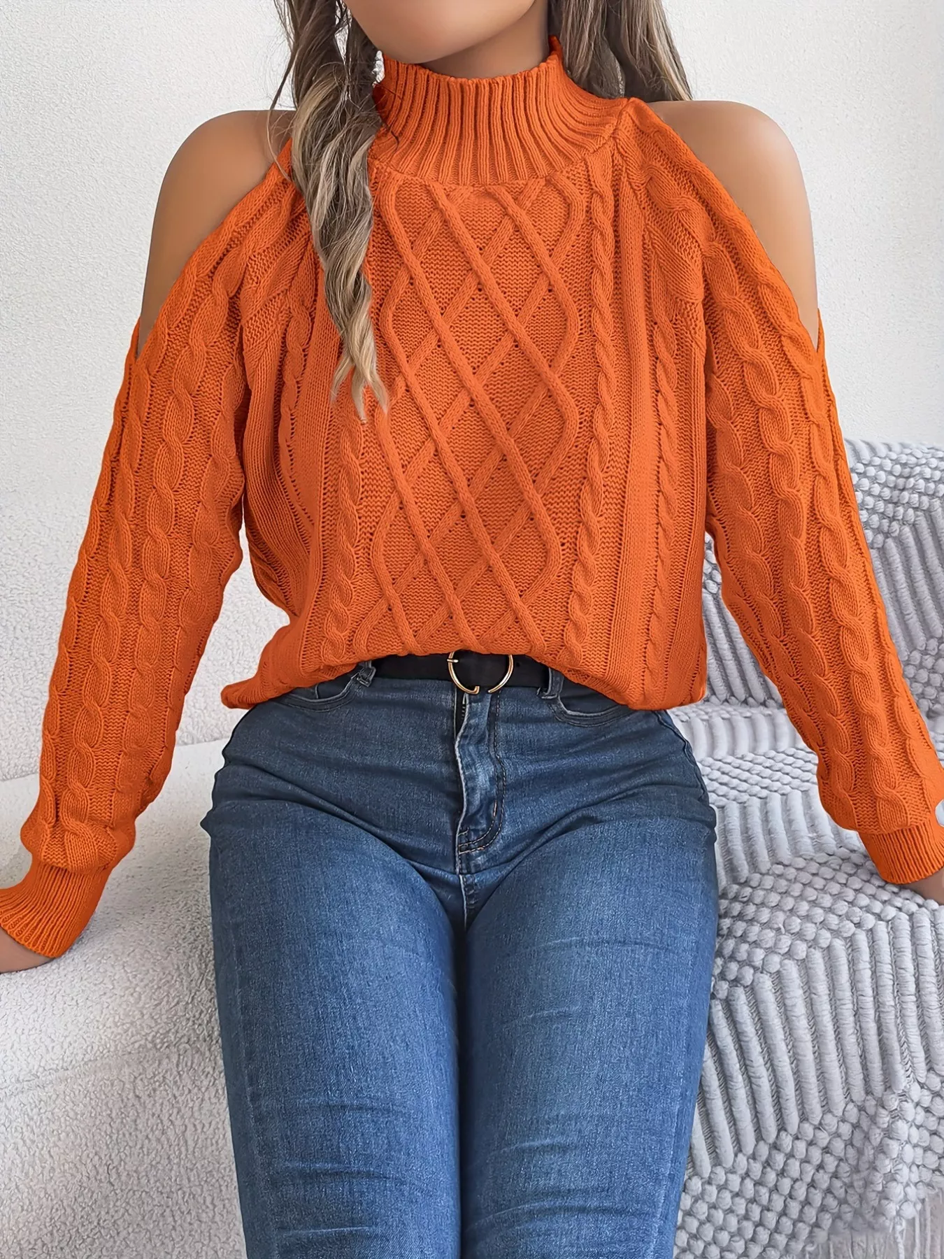 Cable Knit Cold Shoulder Turtleneck Sweater - Image 5