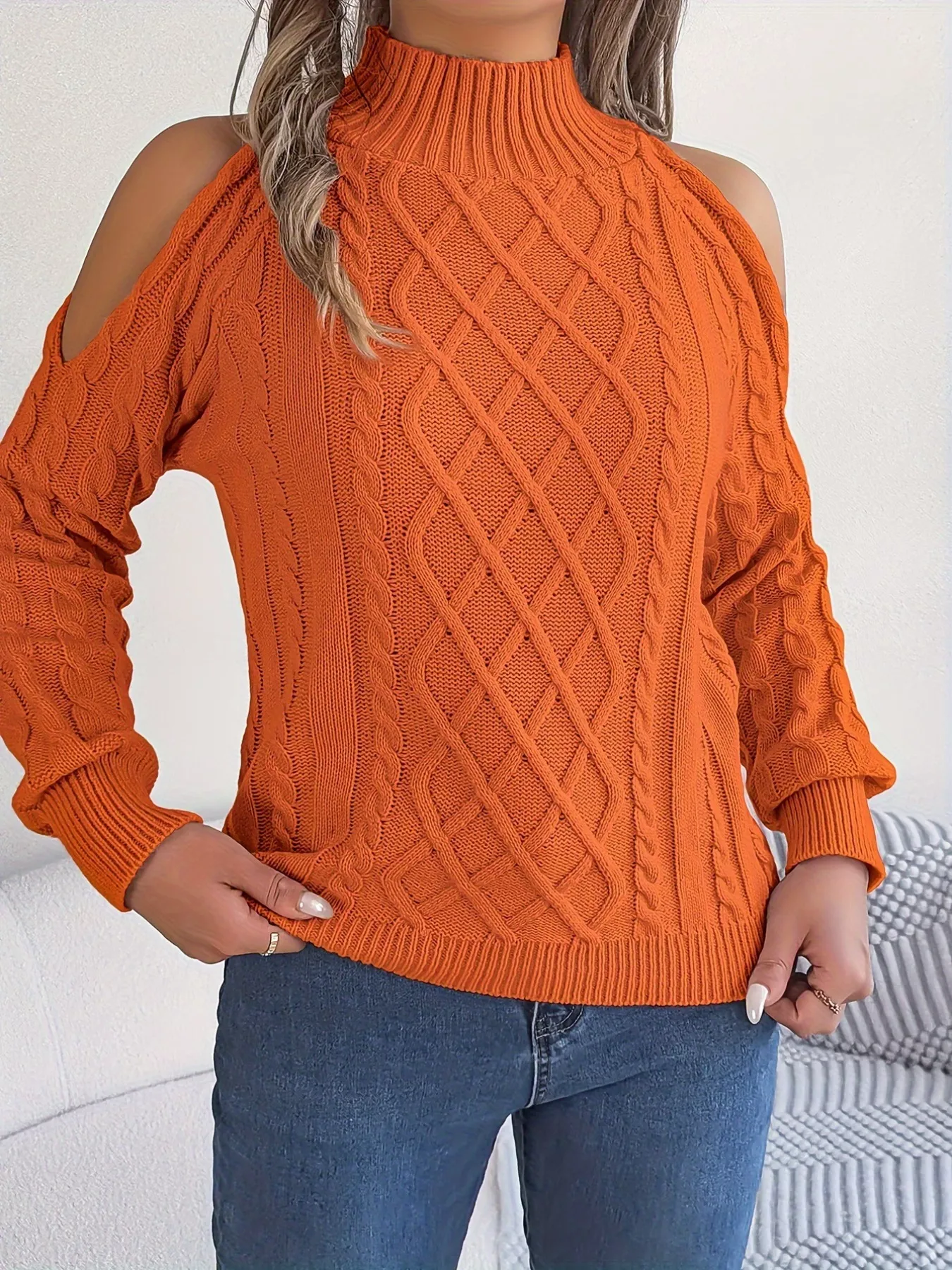 Cable Knit Cold Shoulder Turtleneck Sweater - Image 6