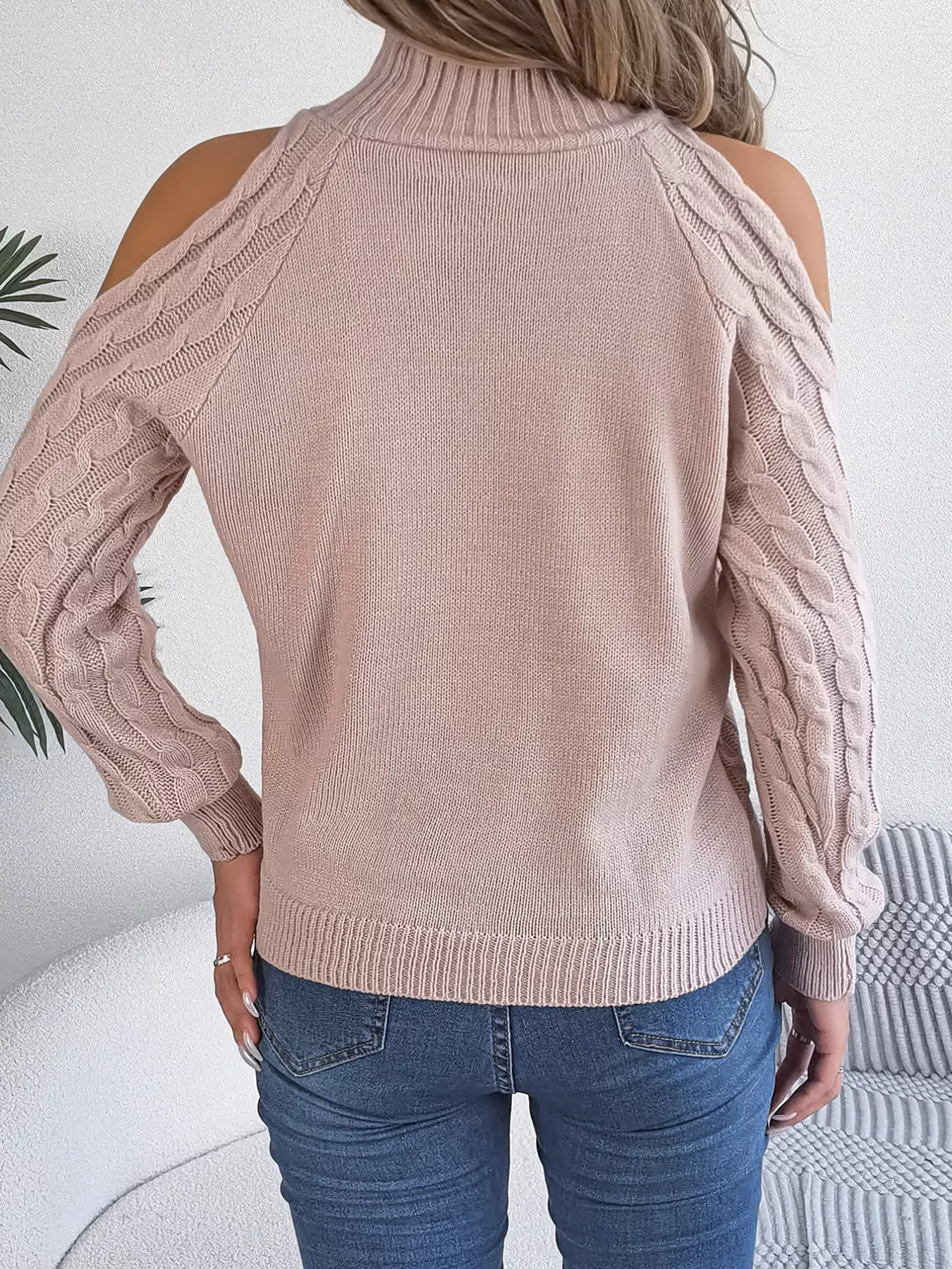 Cable Knit Cold Shoulder Turtleneck Sweater - Image 8
