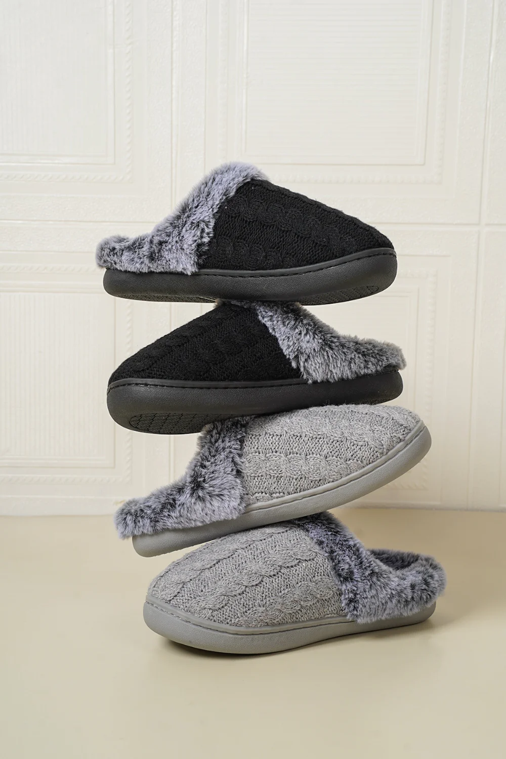 Cable-Knit Fluff Round Toe Slippers - Image 3