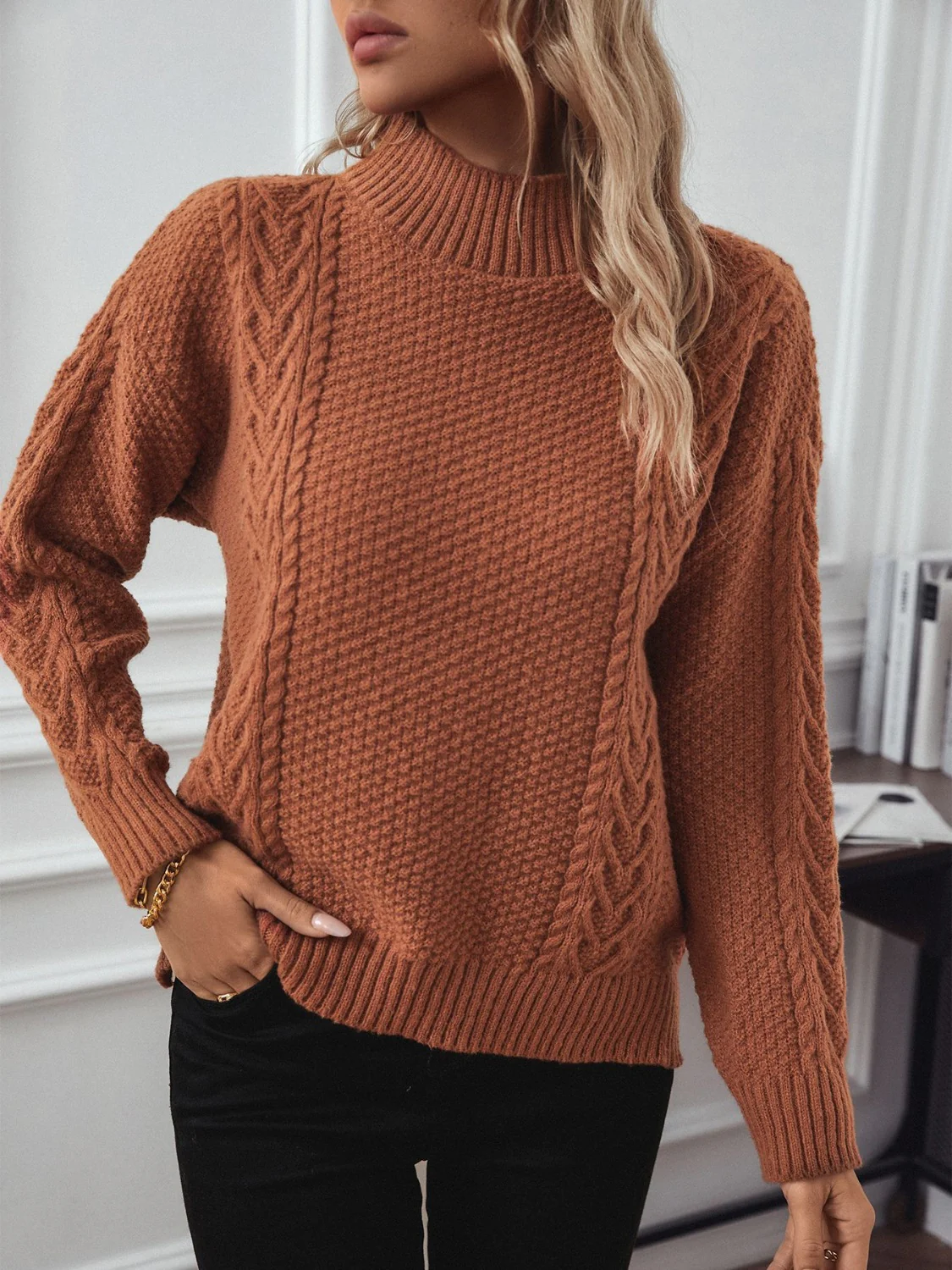 Cable-Knit Mock Neck Long Sleeve Sweater - Image 2