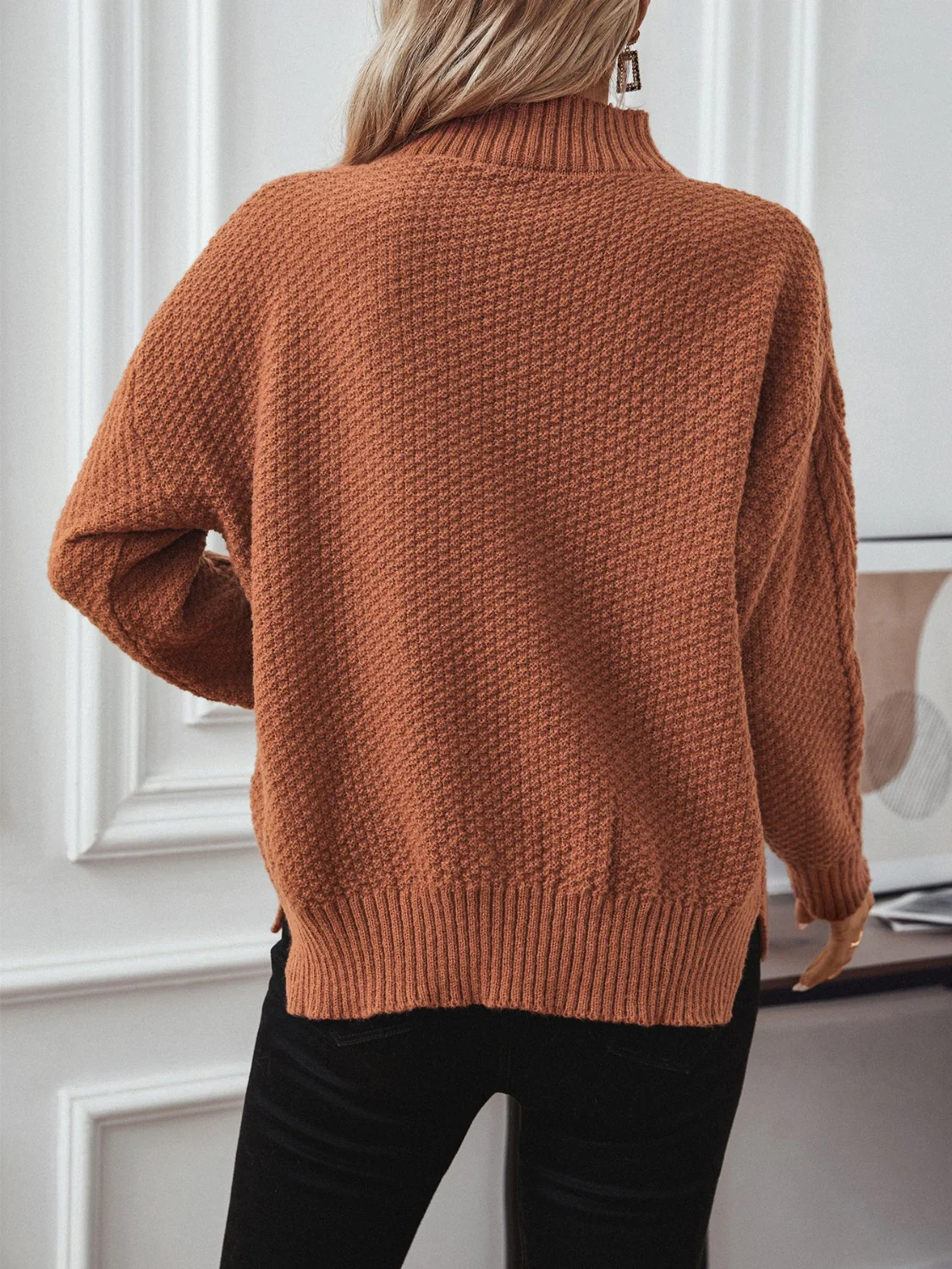 Cable-Knit Mock Neck Long Sleeve Sweater - Image 5