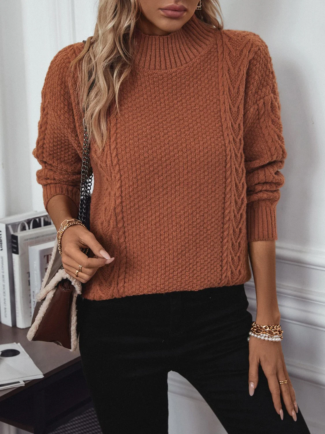 Cable-Knit Mock Neck Long Sleeve Sweater - Image 6