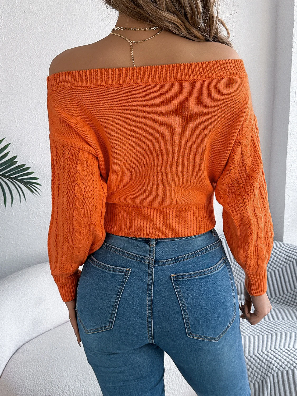 Cable Knit Off-Shoulder Long Sleeve Sweater - Image 12