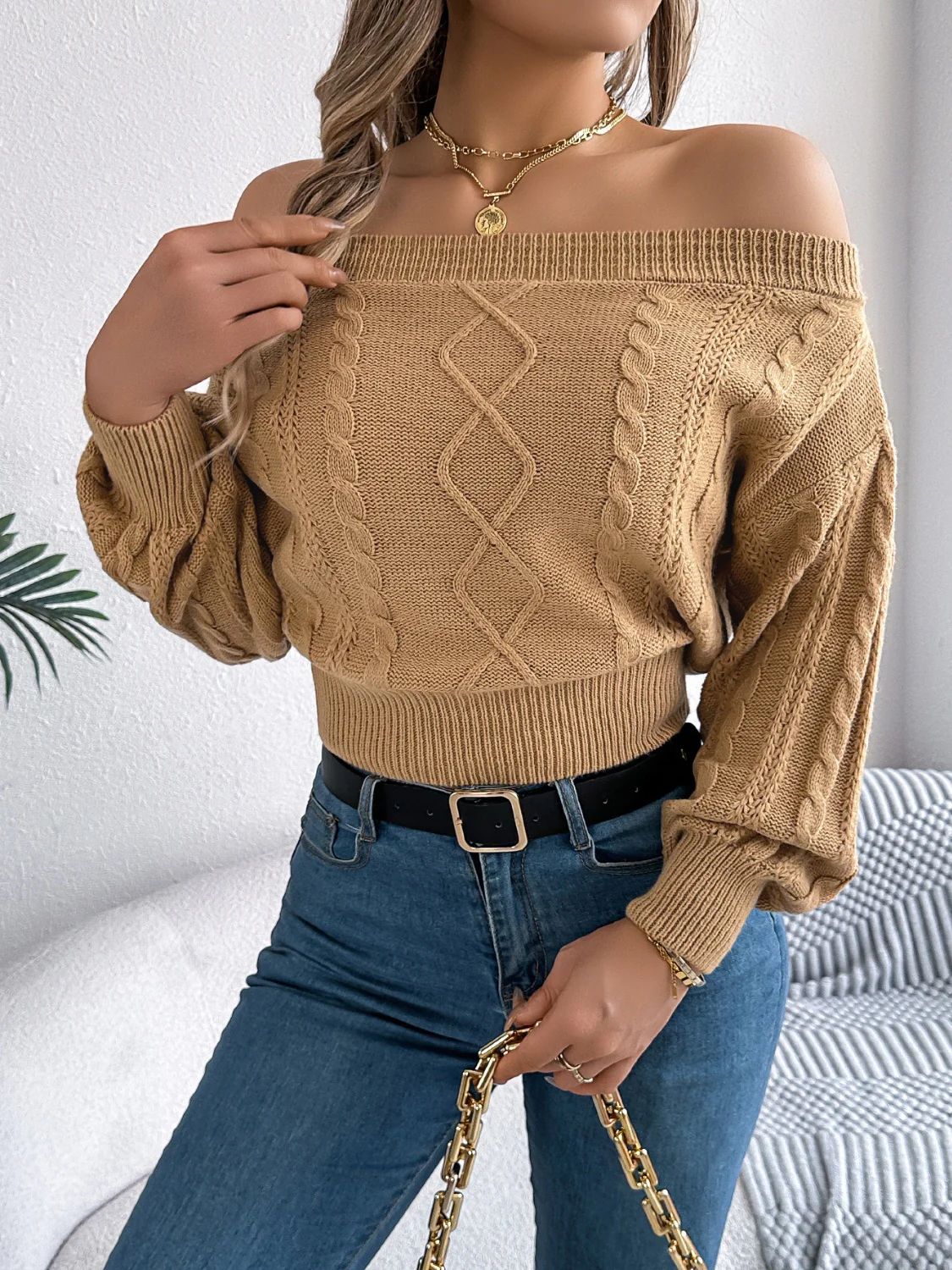 Cable Knit Off-Shoulder Long Sleeve Sweater - Image 3