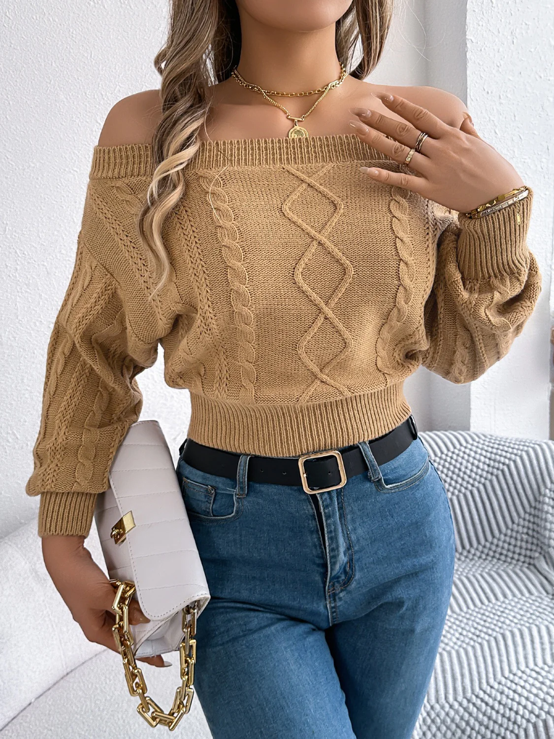 Cable Knit Off-Shoulder Long Sleeve Sweater - Image 5