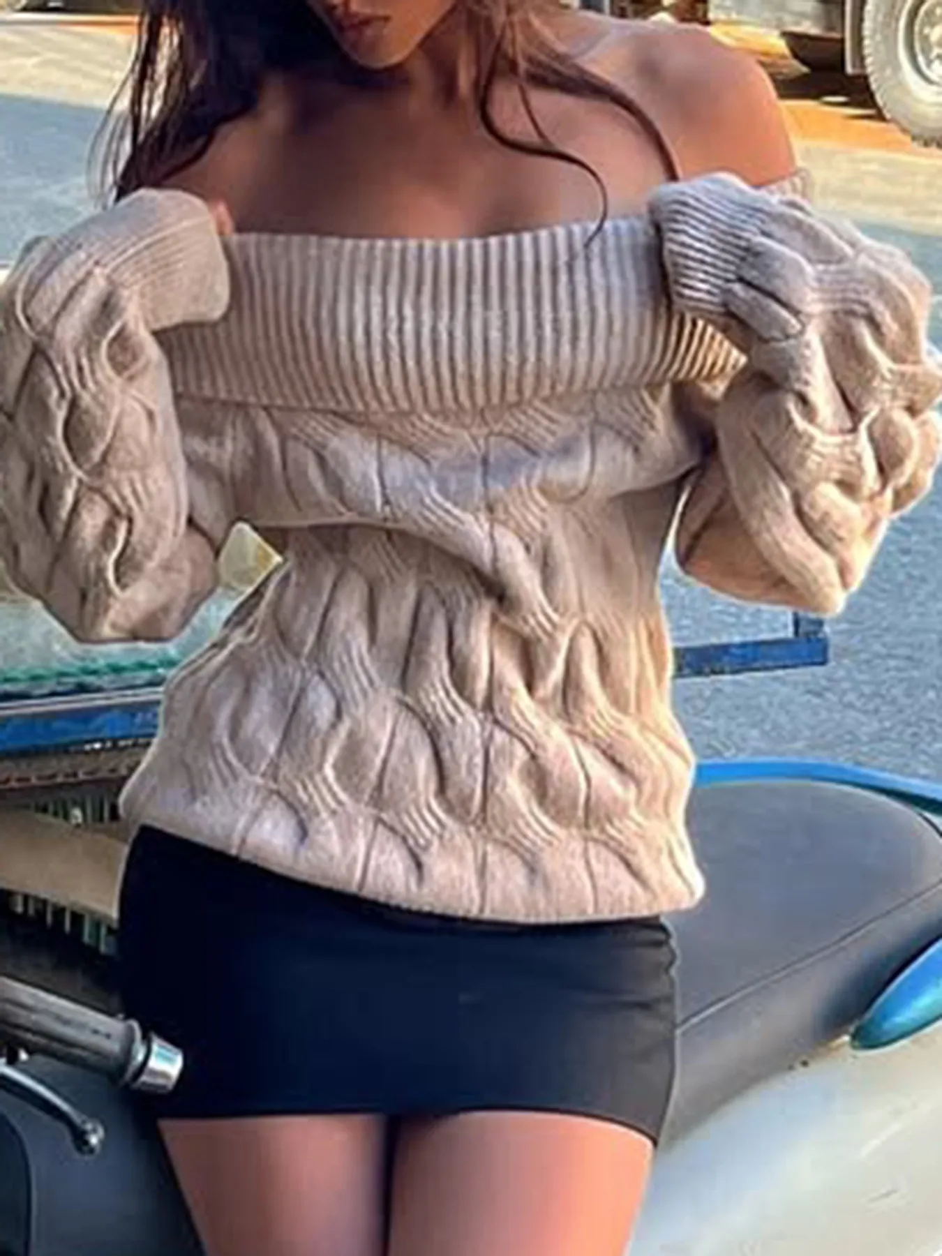 Cable Knit Off-Shoulder Sweater - Image 11