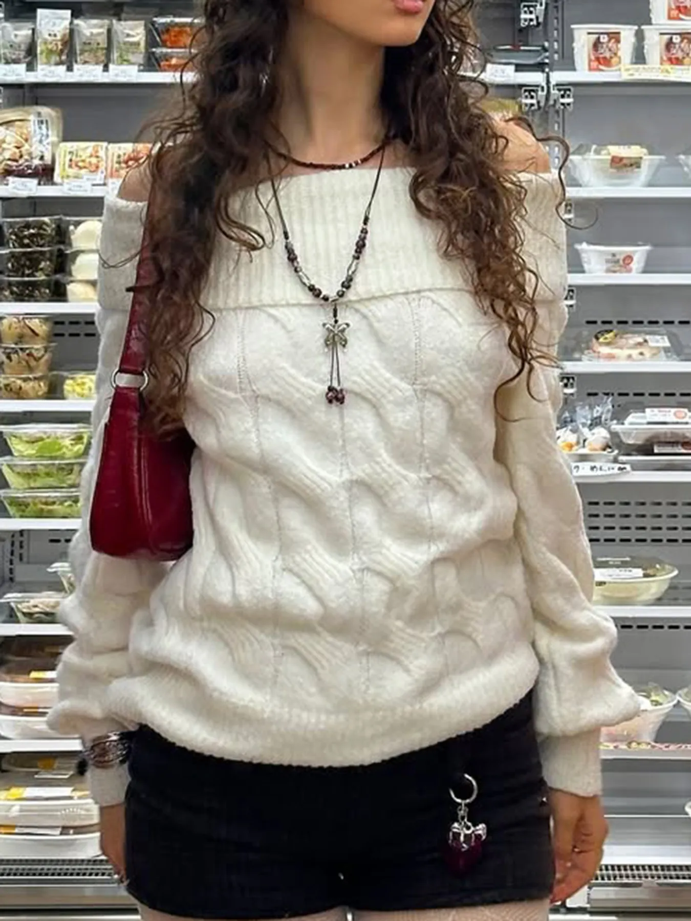 Cable Knit Off-Shoulder Sweater - Image 2