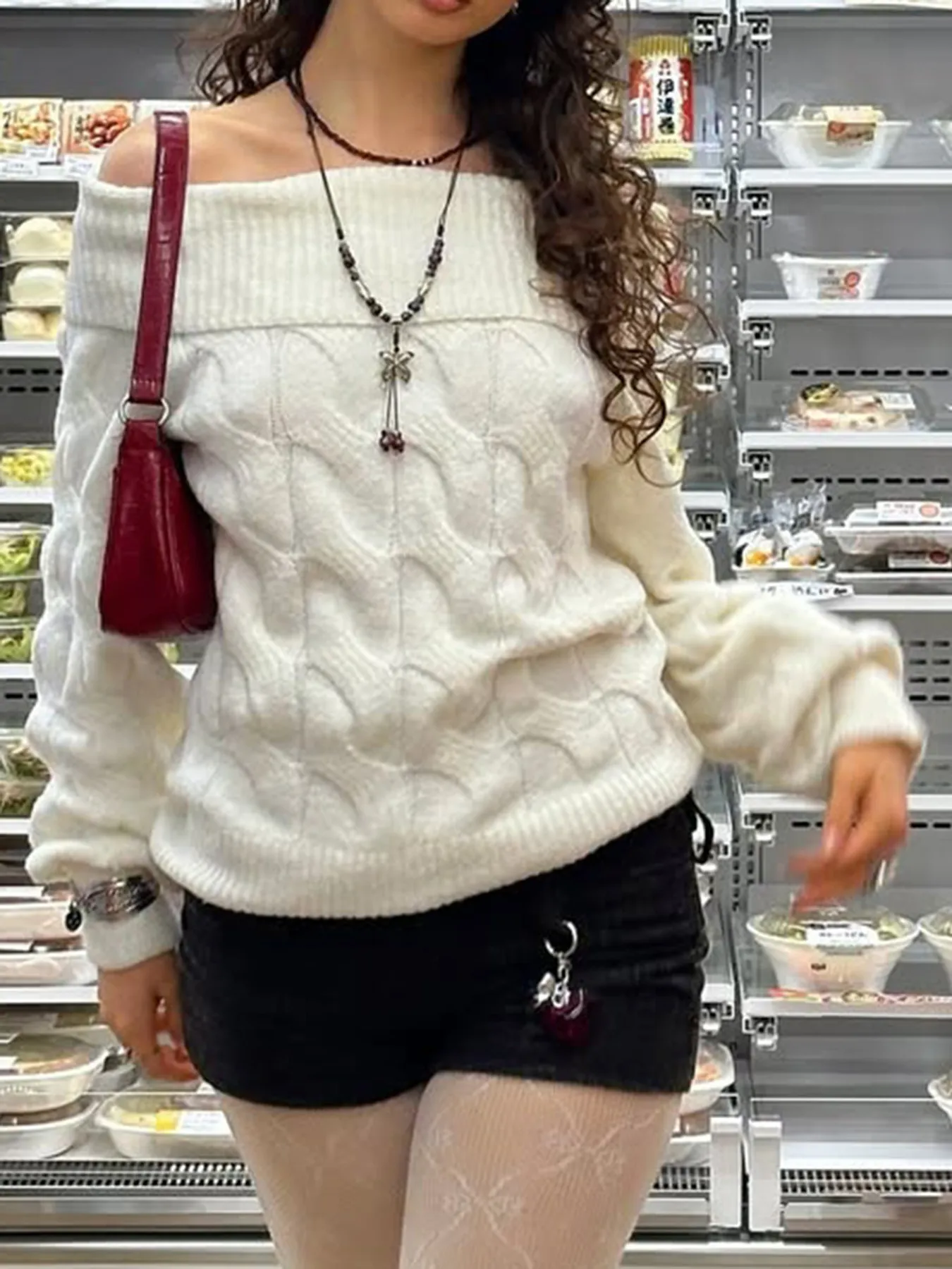 Cable Knit Off-Shoulder Sweater - Image 3