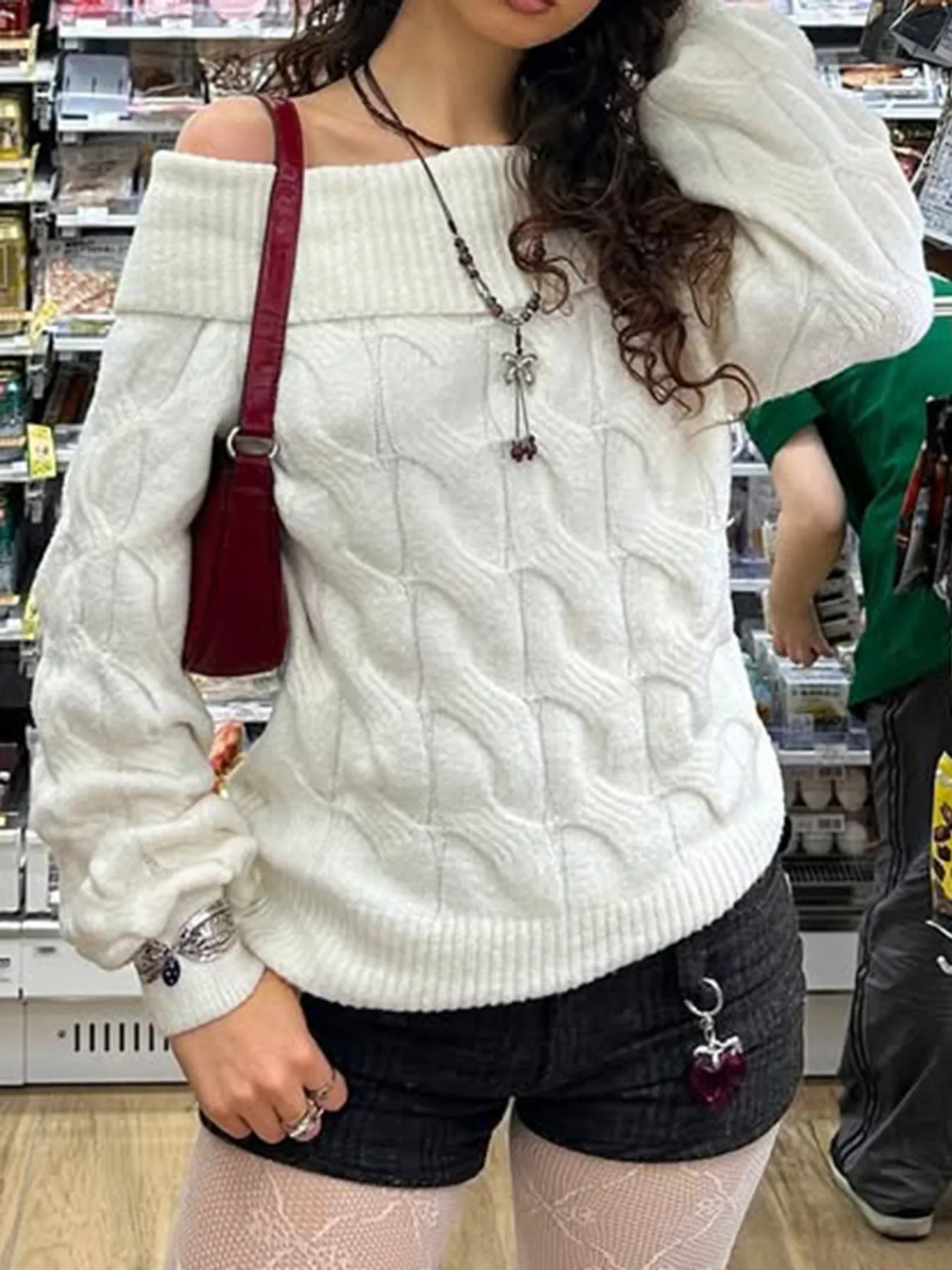 Cable Knit Off-Shoulder Sweater - Image 4
