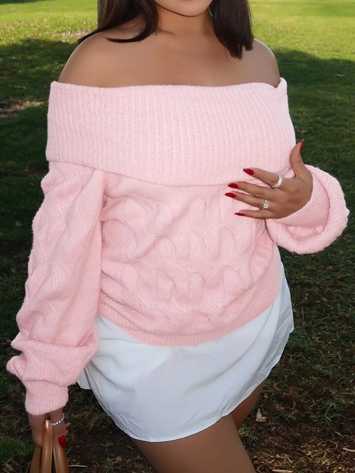 Cable Knit Off-Shoulder Sweater - Image 7