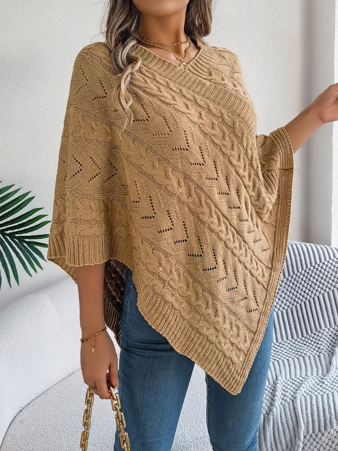 Cable-Knit Openwork Three-Quarter Sleeve Sweater - Image 10