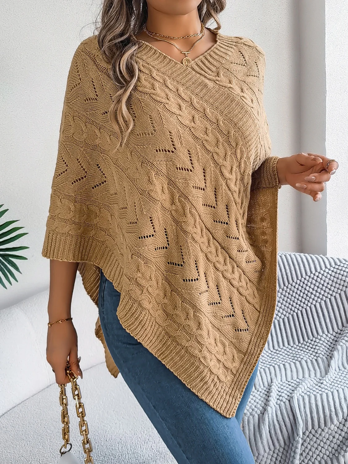 Cable-Knit Openwork Three-Quarter Sleeve Sweater - Image 11