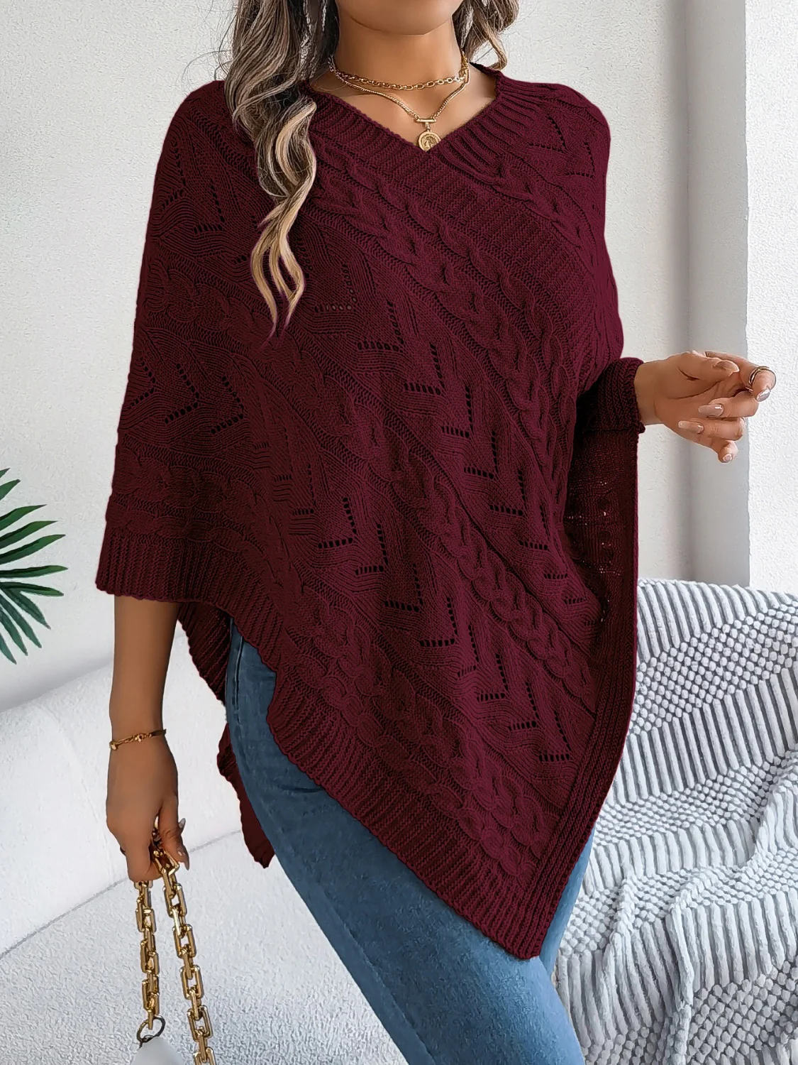 Cable-Knit Openwork Three-Quarter Sleeve Sweater - Image 12