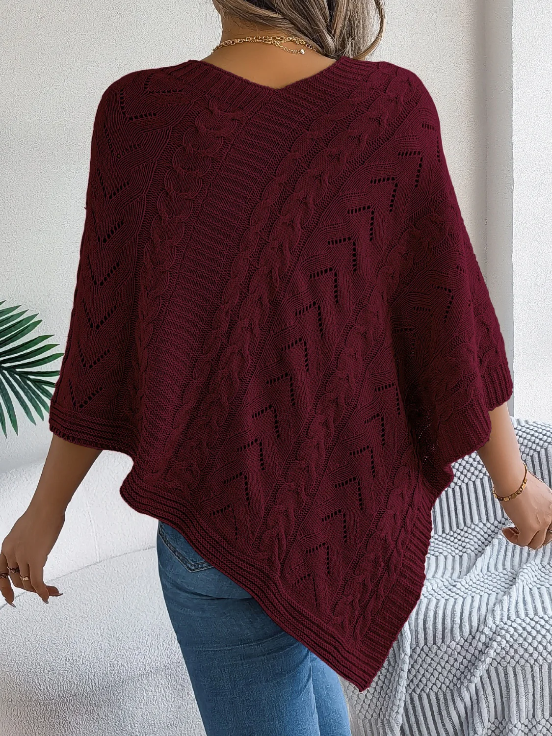Cable-Knit Openwork Three-Quarter Sleeve Sweater - Image 13