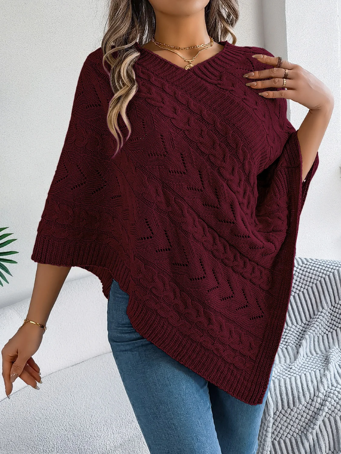 Cable-Knit Openwork Three-Quarter Sleeve Sweater - Image 14