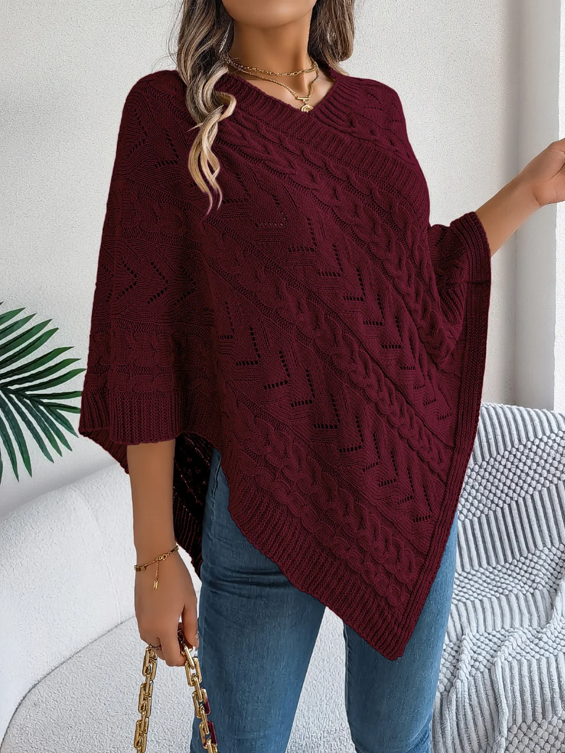 Cable-Knit Openwork Three-Quarter Sleeve Sweater - Image 15