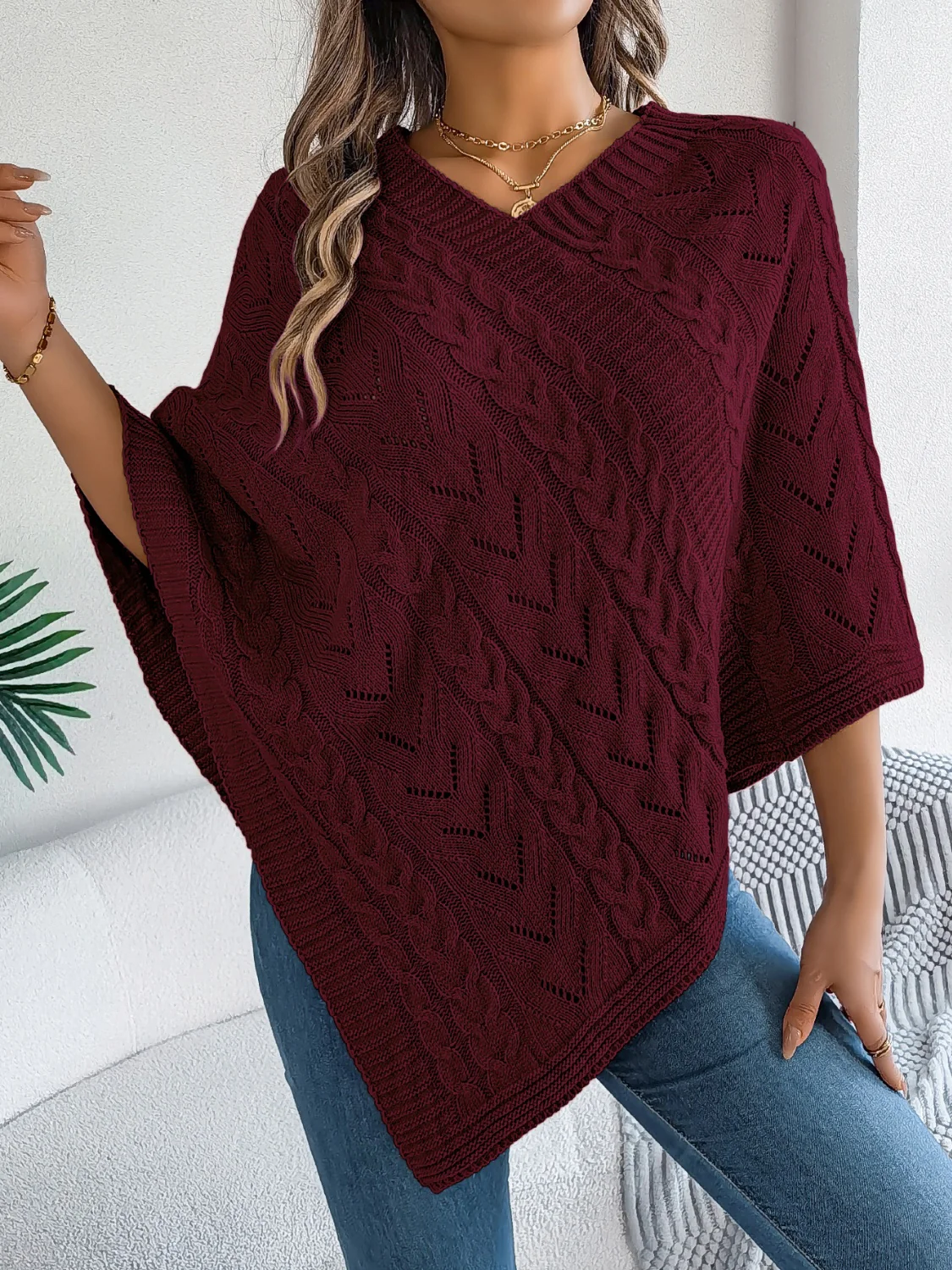 Cable-Knit Openwork Three-Quarter Sleeve Sweater - Image 16