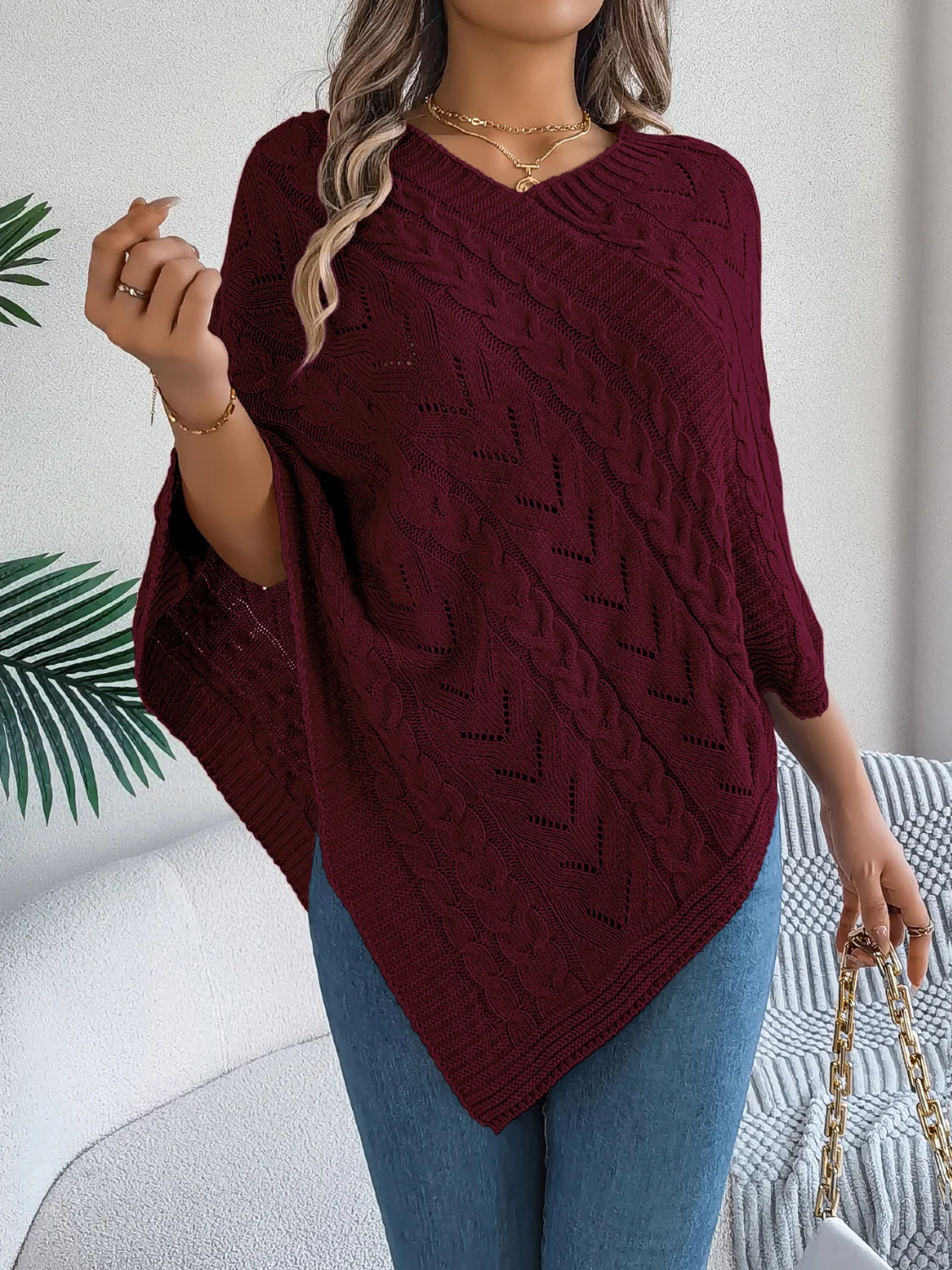 Cable-Knit Openwork Three-Quarter Sleeve Sweater - Image 17