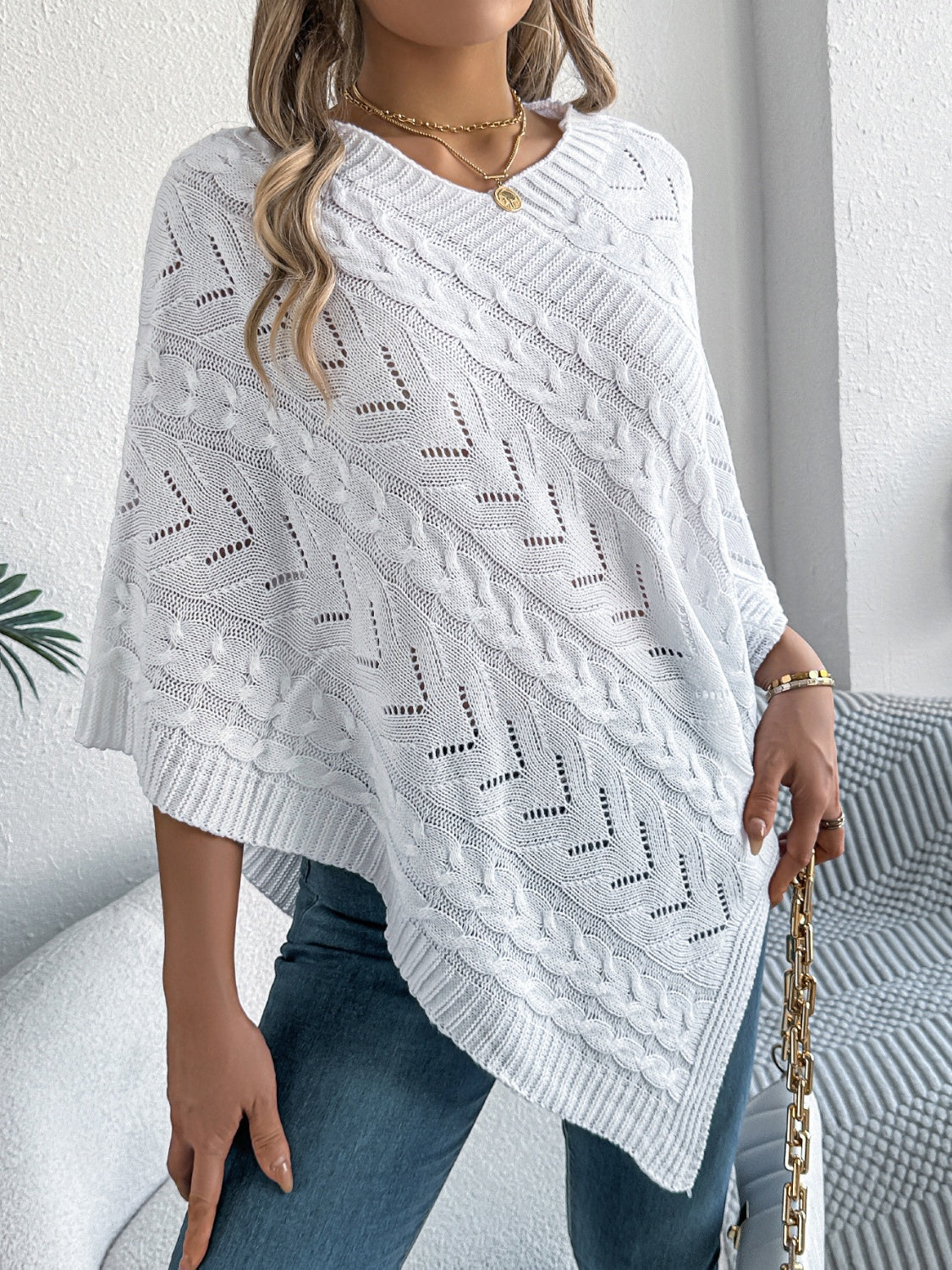 Cable-Knit Openwork Three-Quarter Sleeve Sweater - Image 5