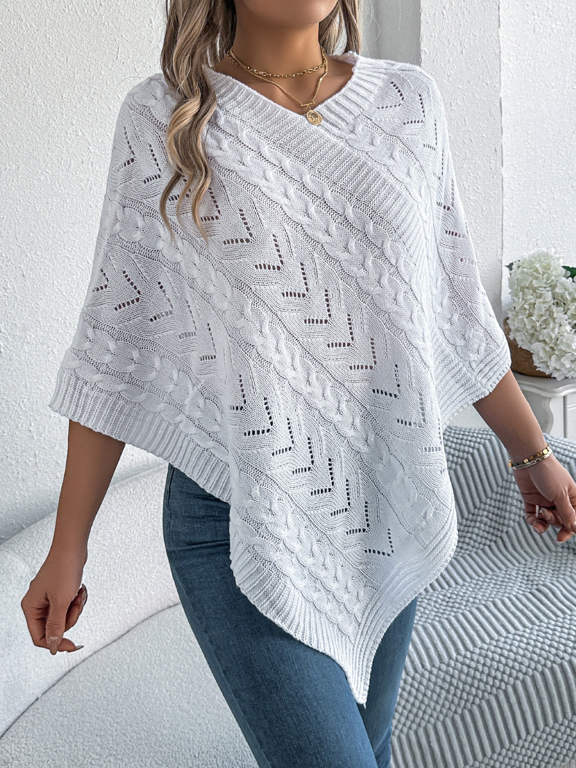 Cable-Knit Openwork Three-Quarter Sleeve Sweater - Image 6