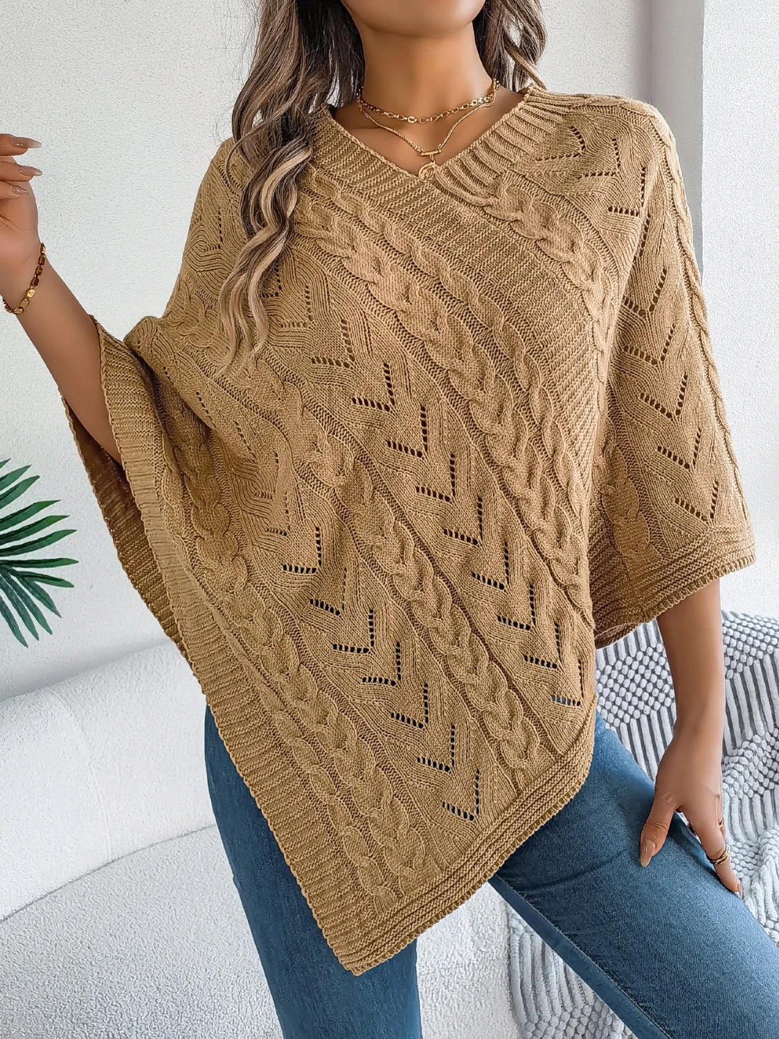 Cable-Knit Openwork Three-Quarter Sleeve Sweater - Image 7