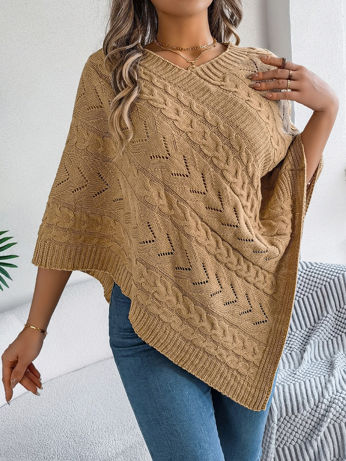 Cable-Knit Openwork Three-Quarter Sleeve Sweater - Image 8
