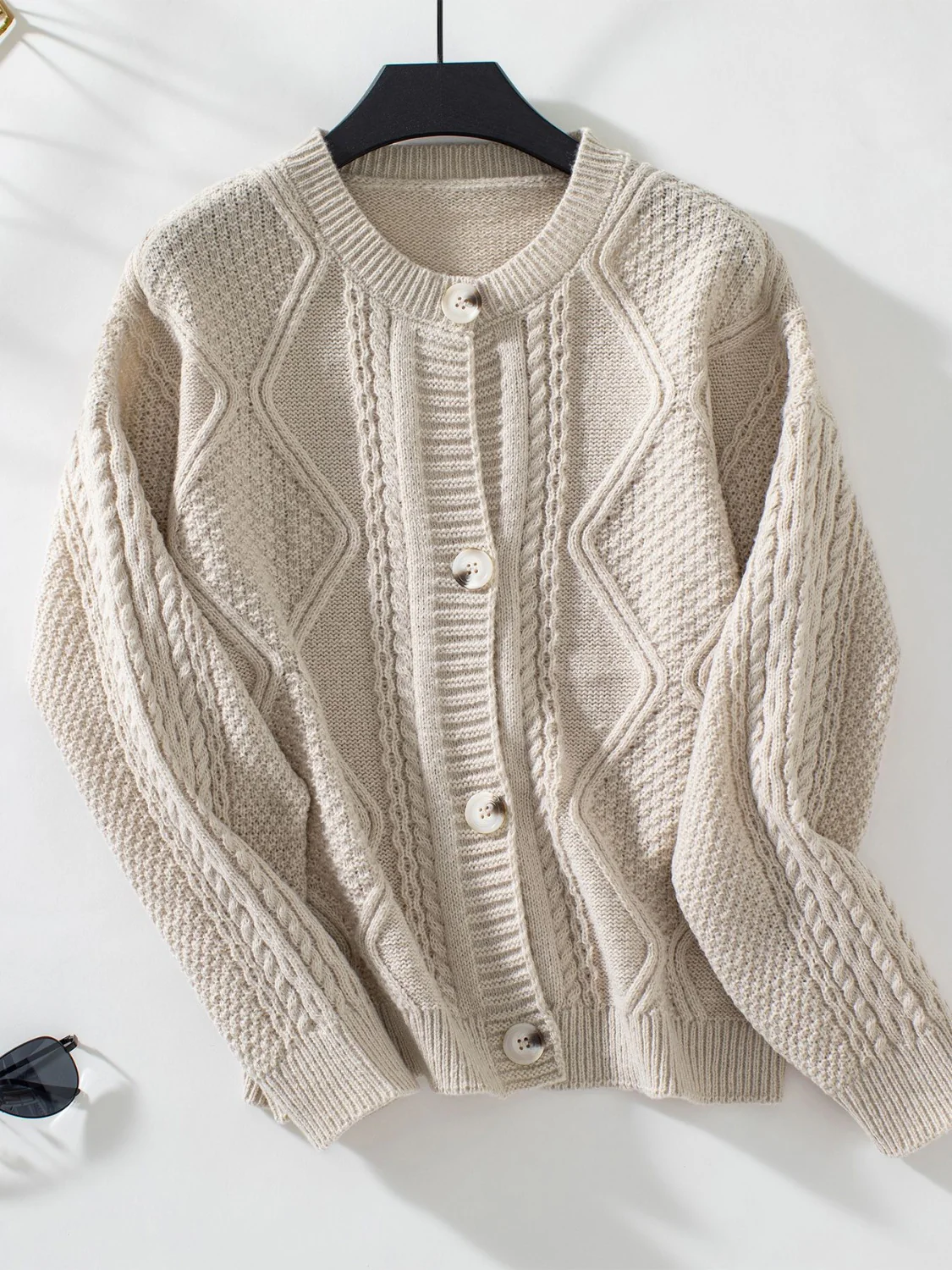 Cable-Knit Round Neck Button Up Cardigan - Image 7