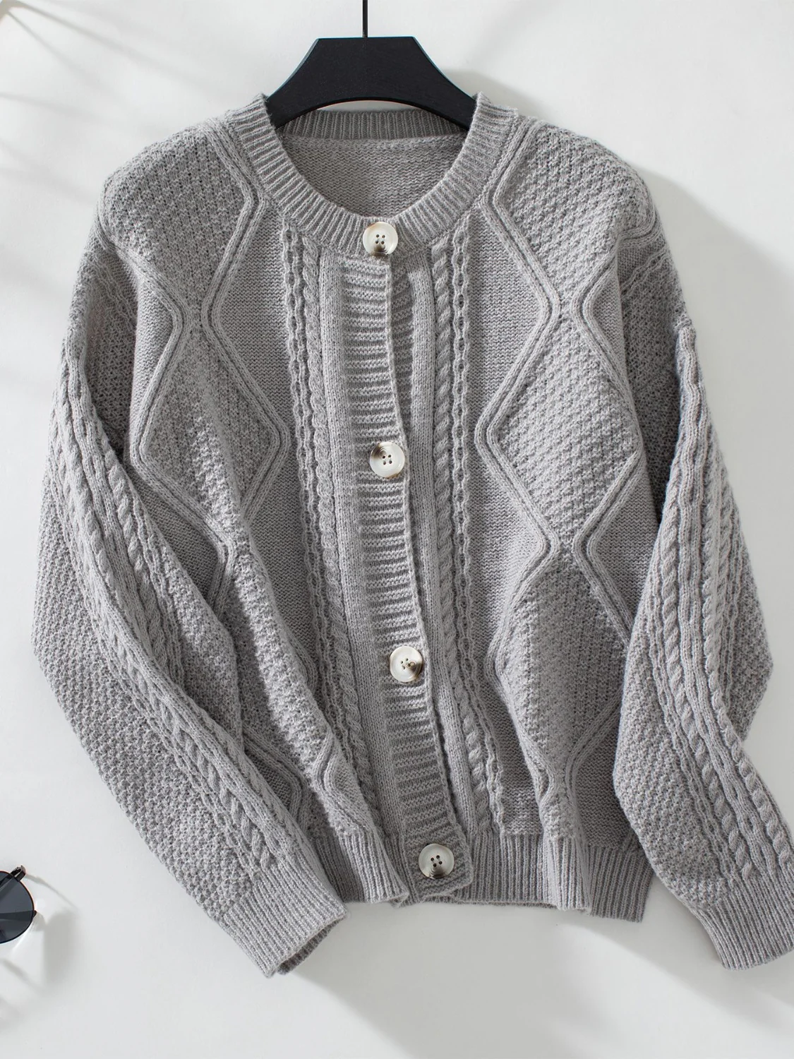 Cable-Knit Round Neck Button Up Cardigan - Image 9
