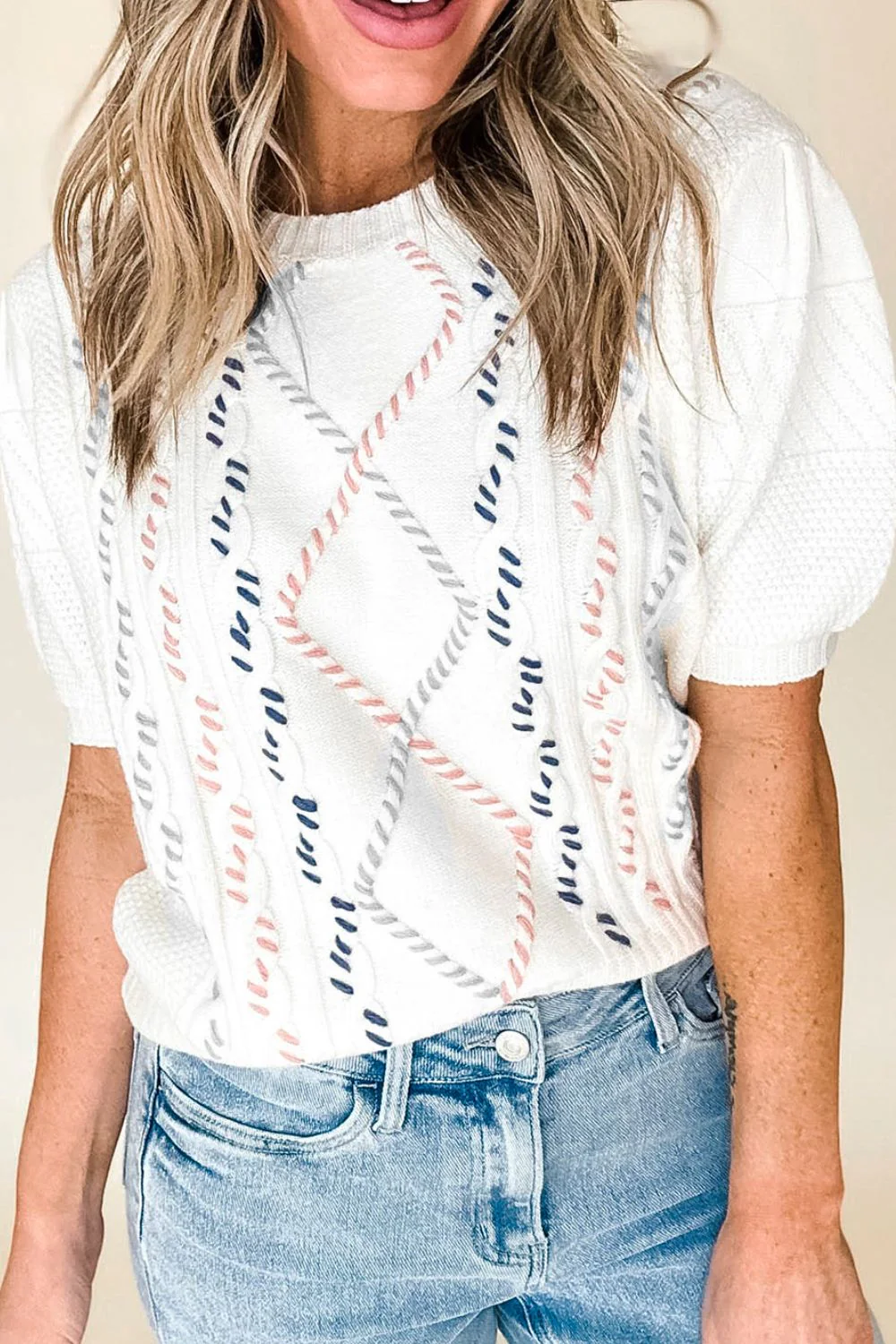 Cable Knit Round Neck Half Sleeve Sweater - Image 2