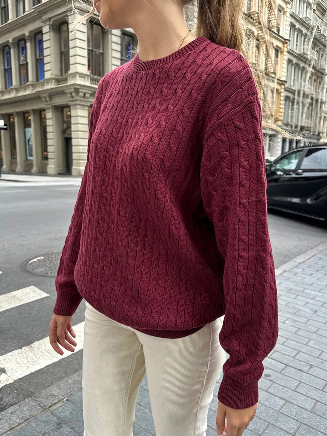 Cable-Knit Round Neck Pullover Sweater - Image 3