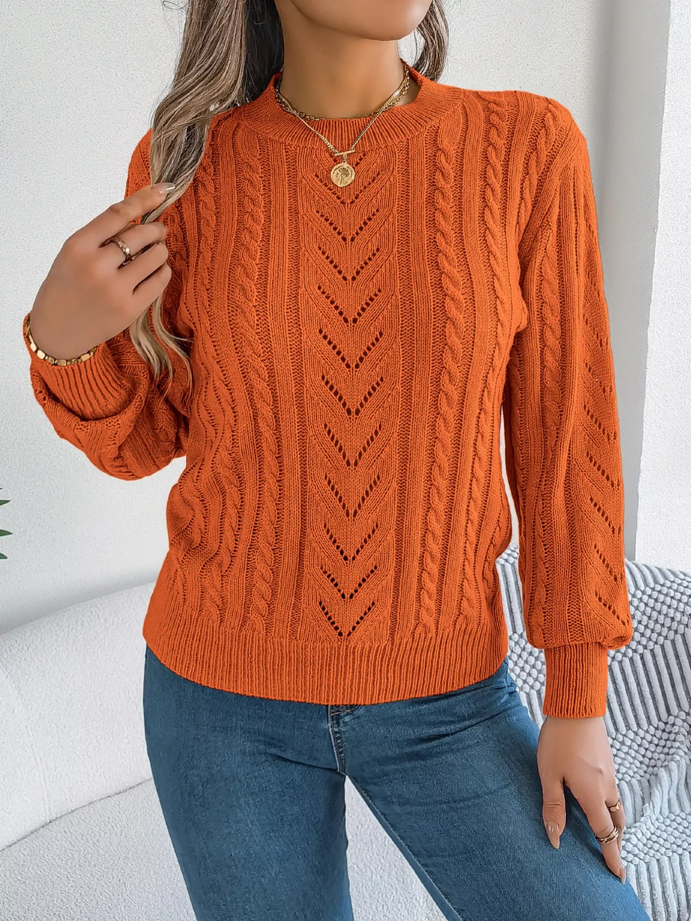 Cable-Knit Round Neck Sweater - Image 3