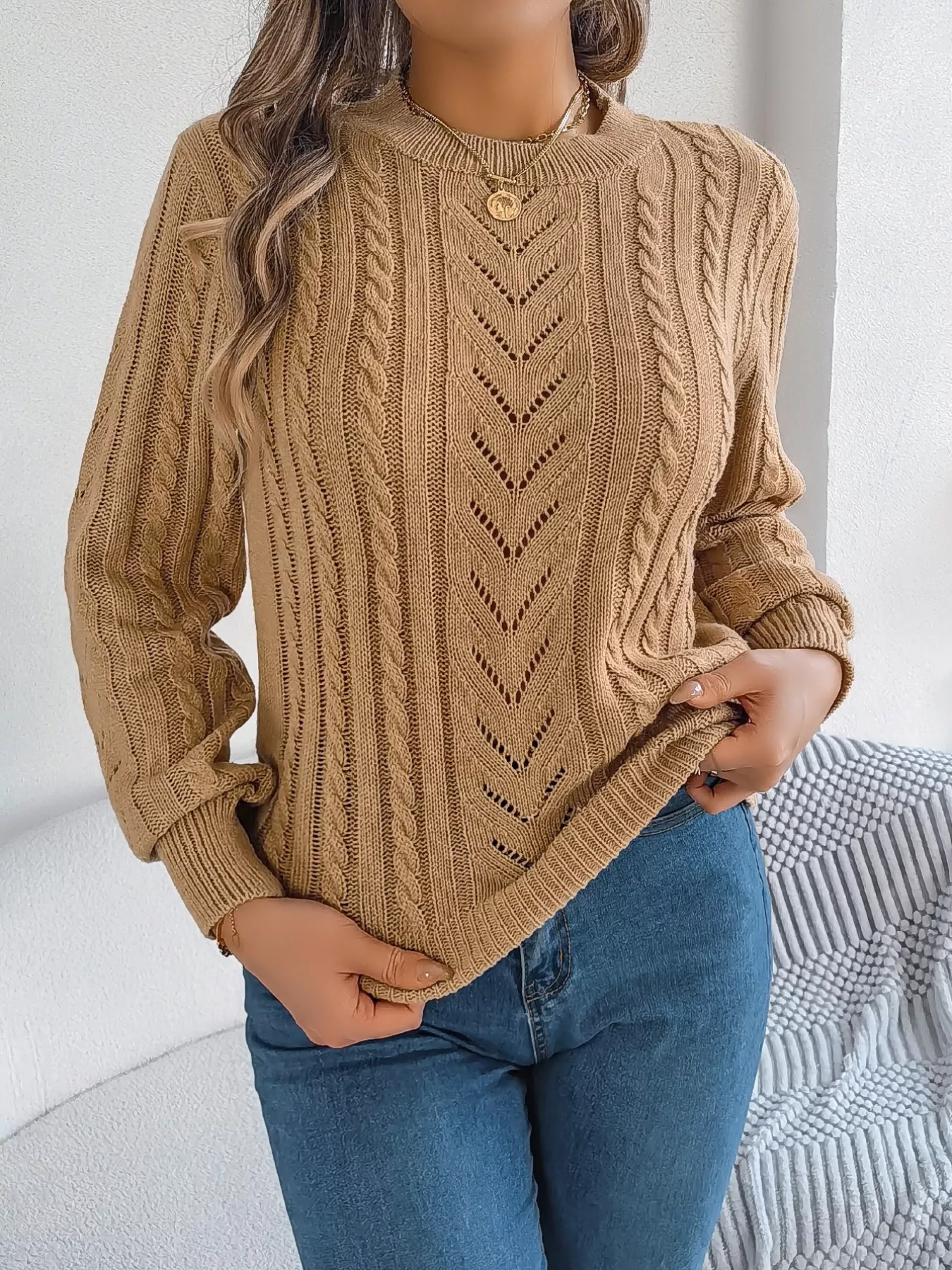 Cable-Knit Round Neck Sweater - Image 6
