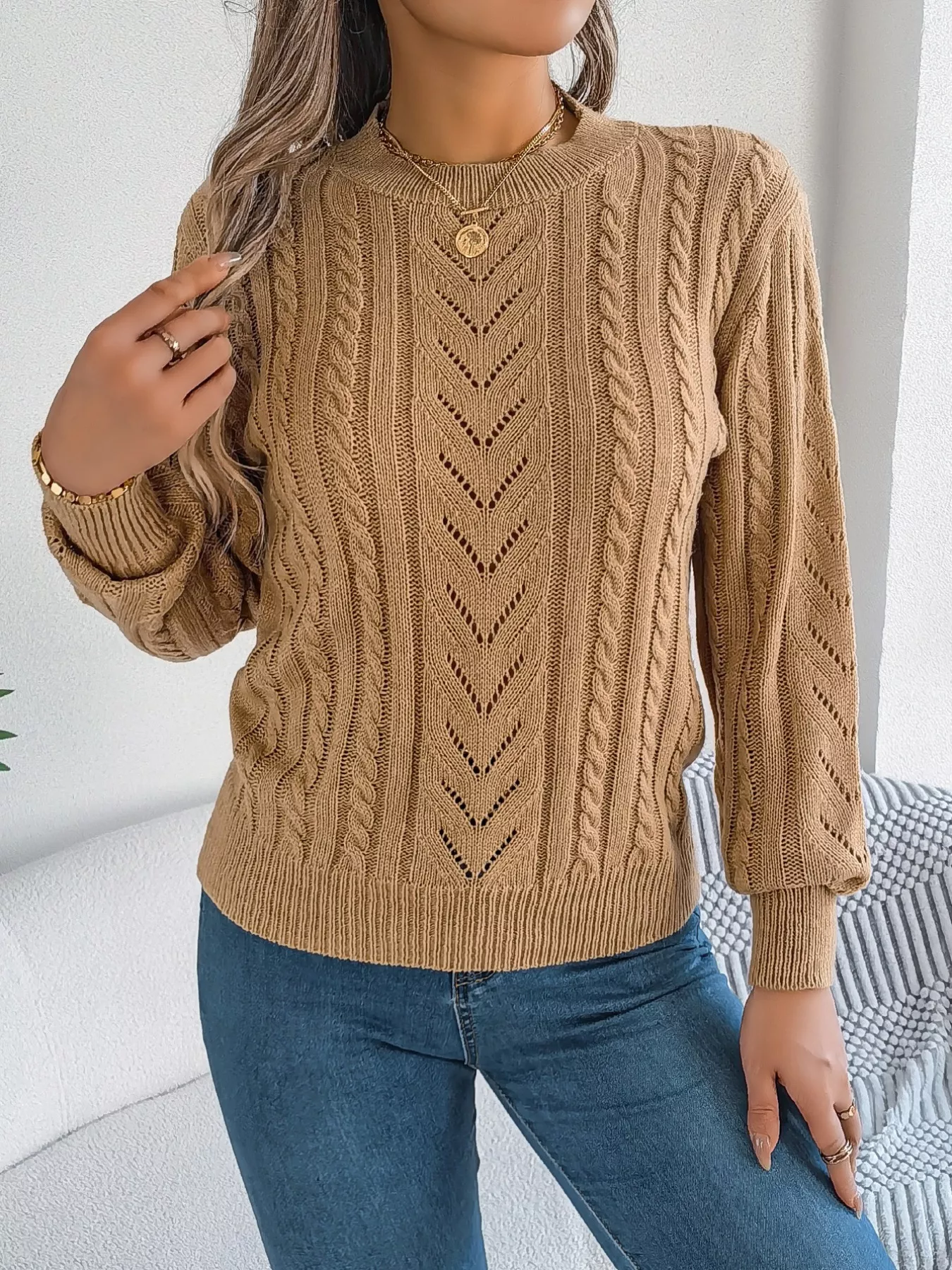 Cable-Knit Round Neck Sweater - Image 9